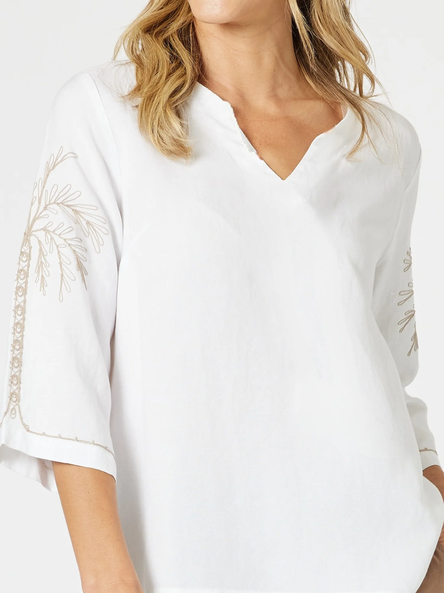 Palm Embroidery Lino Top - White/Natural