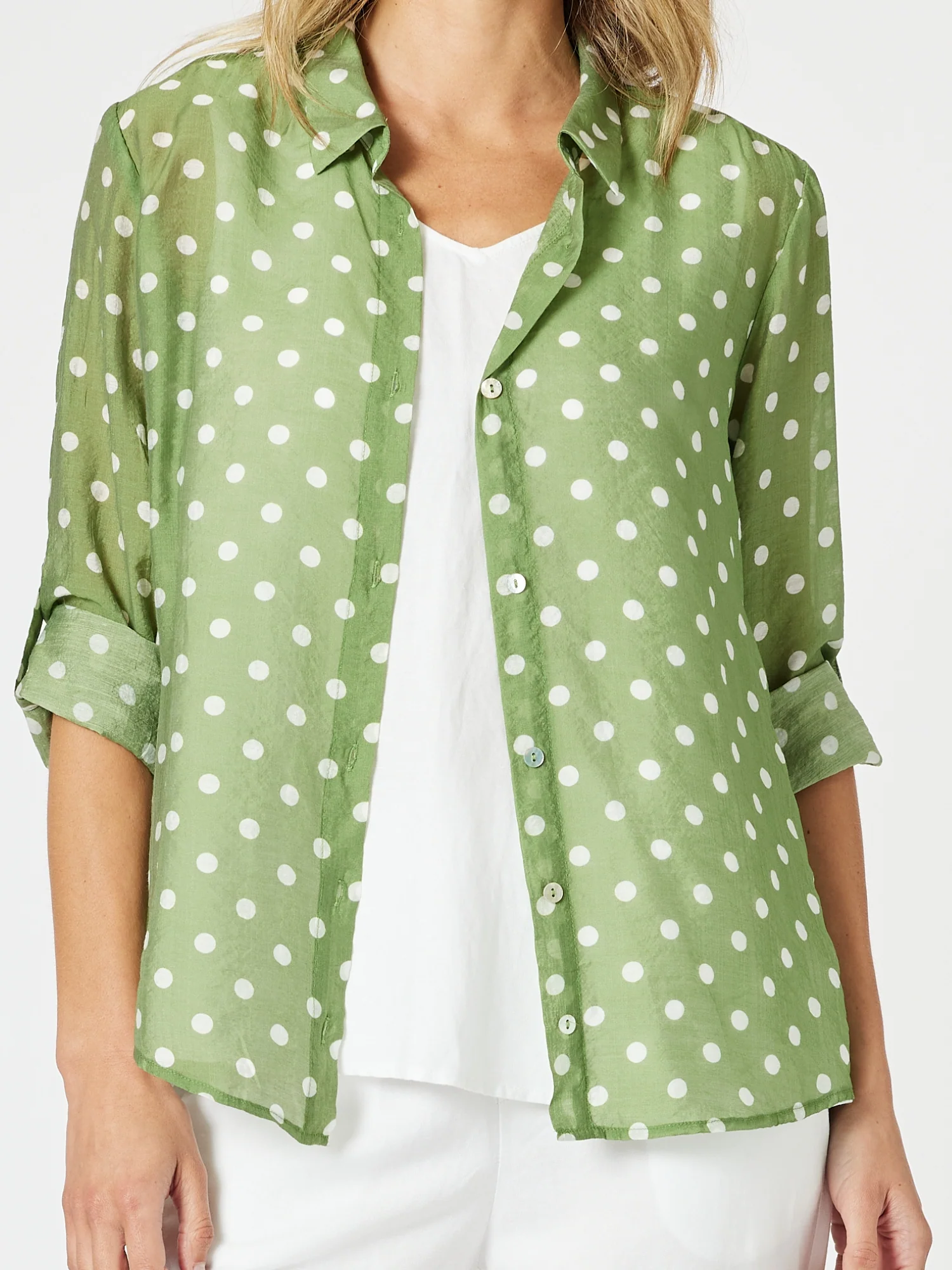 Basil Spot Print Sheer Shirt - Basil White