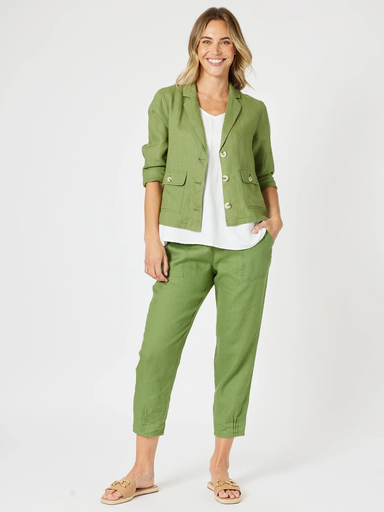 Danielle Linen Cropped Blazer - Basil