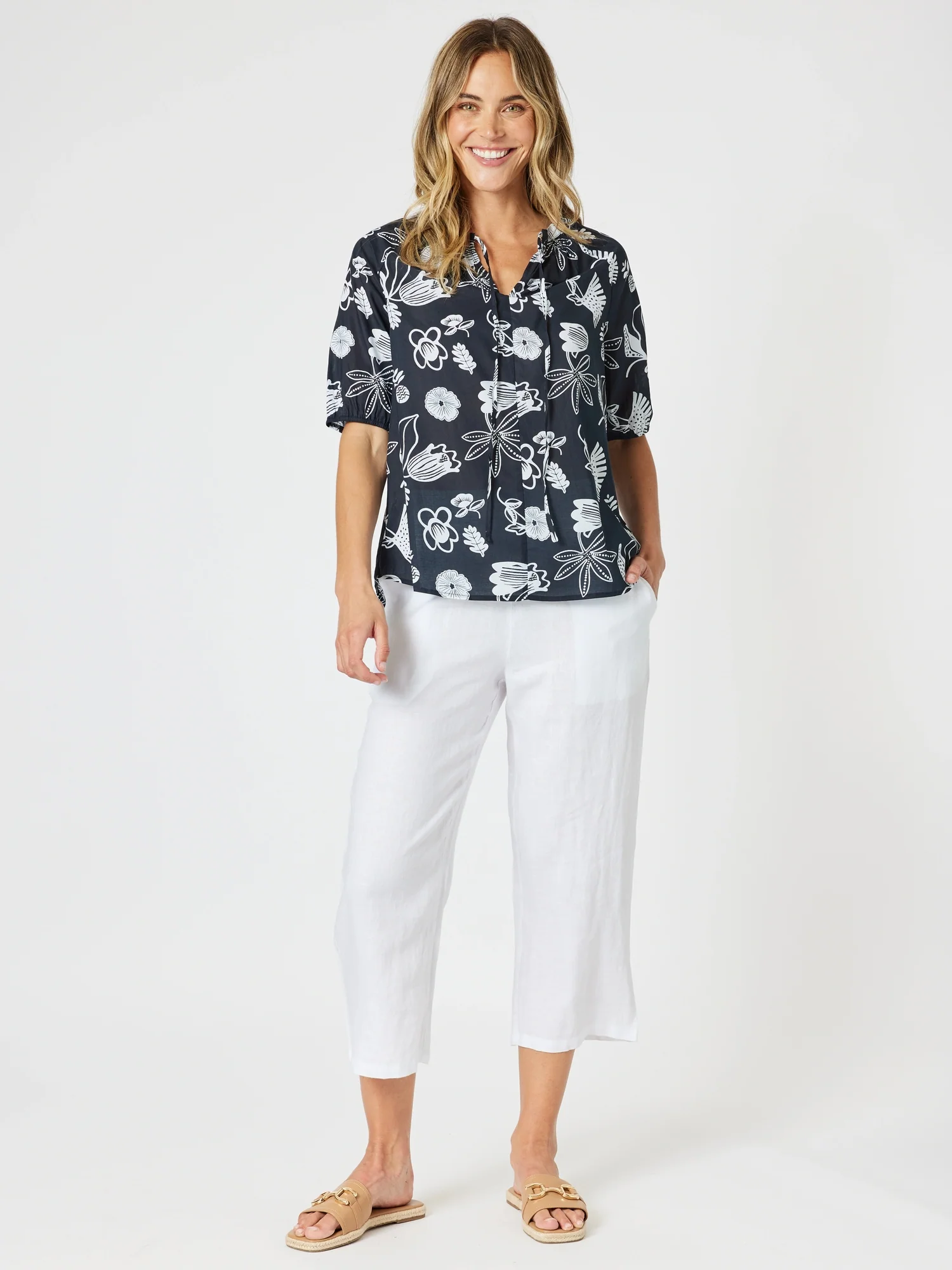 Palm Springs Floral Print Top - Navy/White