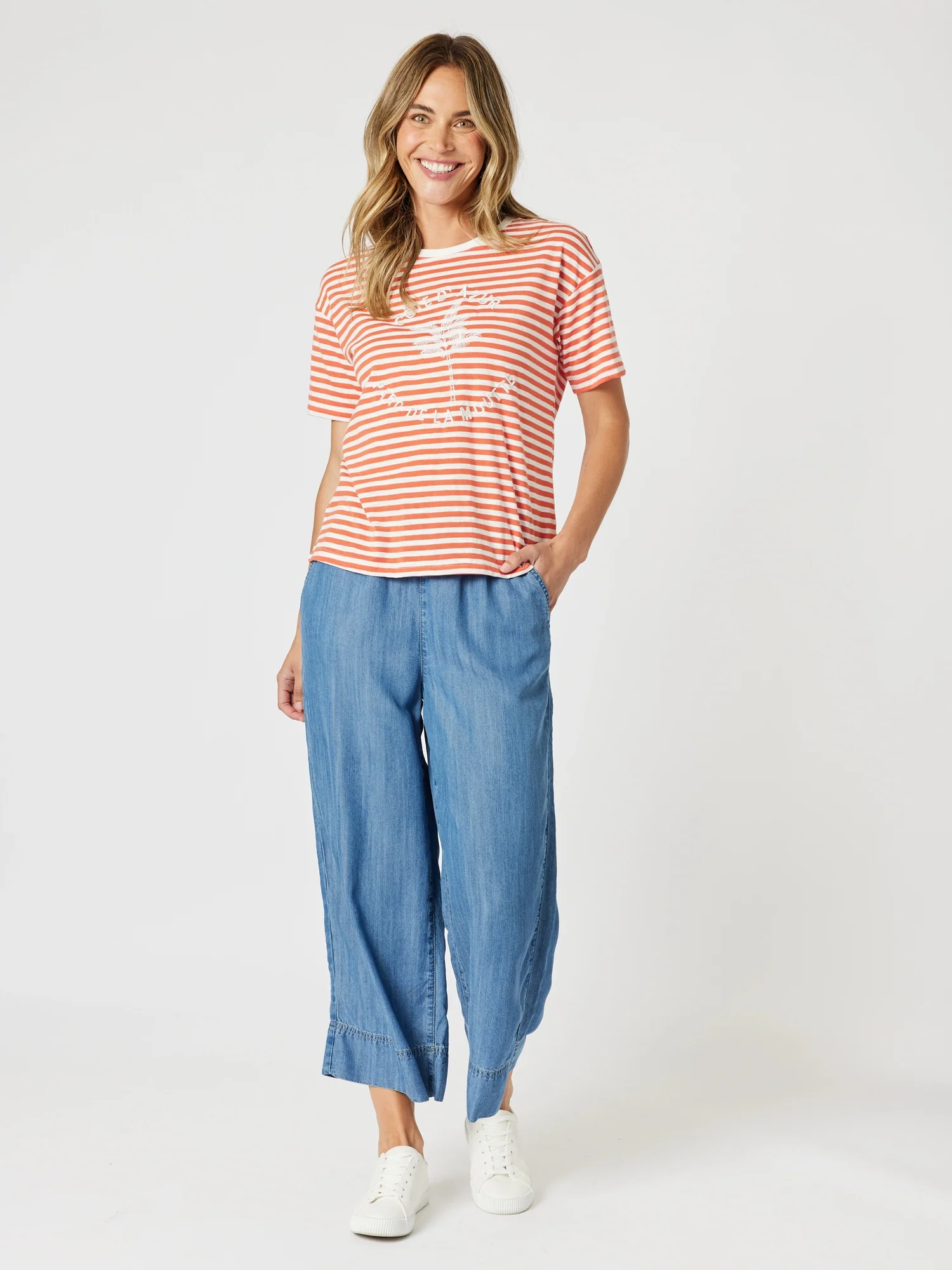 Cote d'Azur Stripe Tee - Papaya White