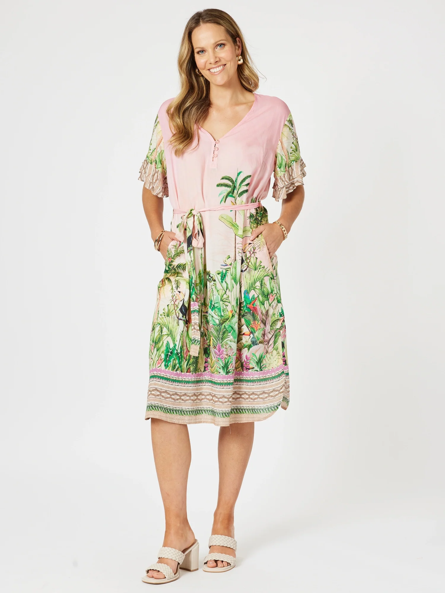 Toucan Print Ruffle Sleeve Dress - Pink