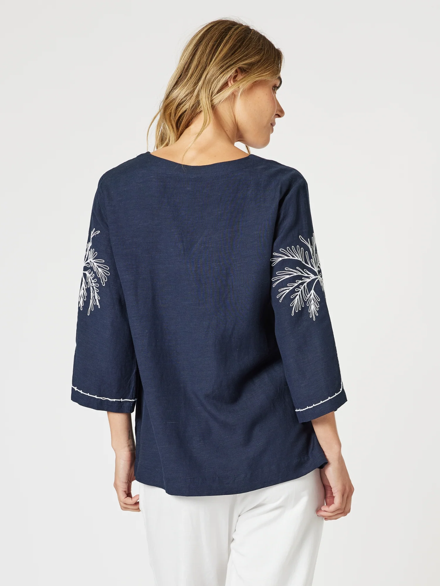 Palm Embroidery Lino Top - Navy/White