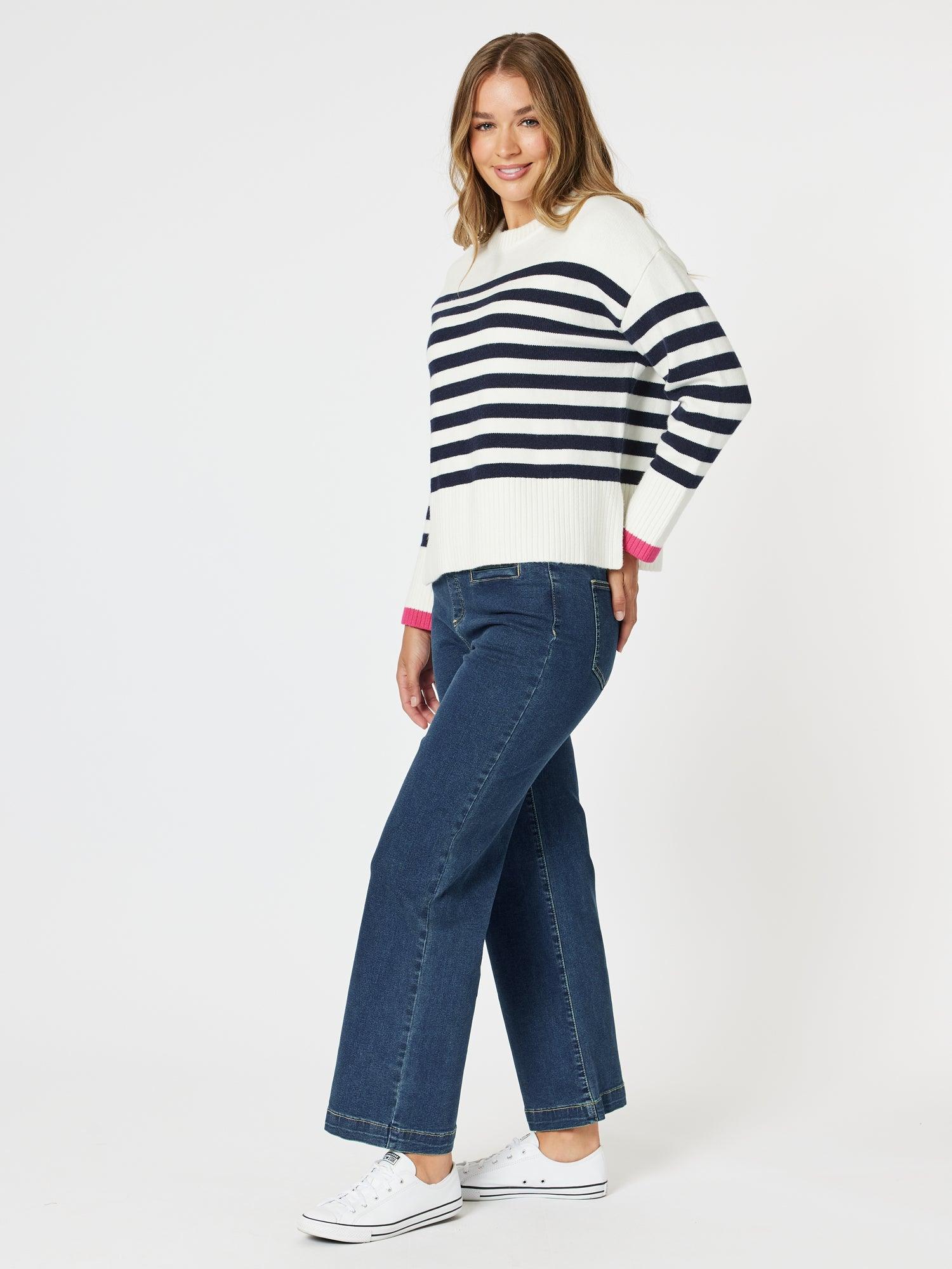 Tempo Stripe Print Knit Top - Navy/White