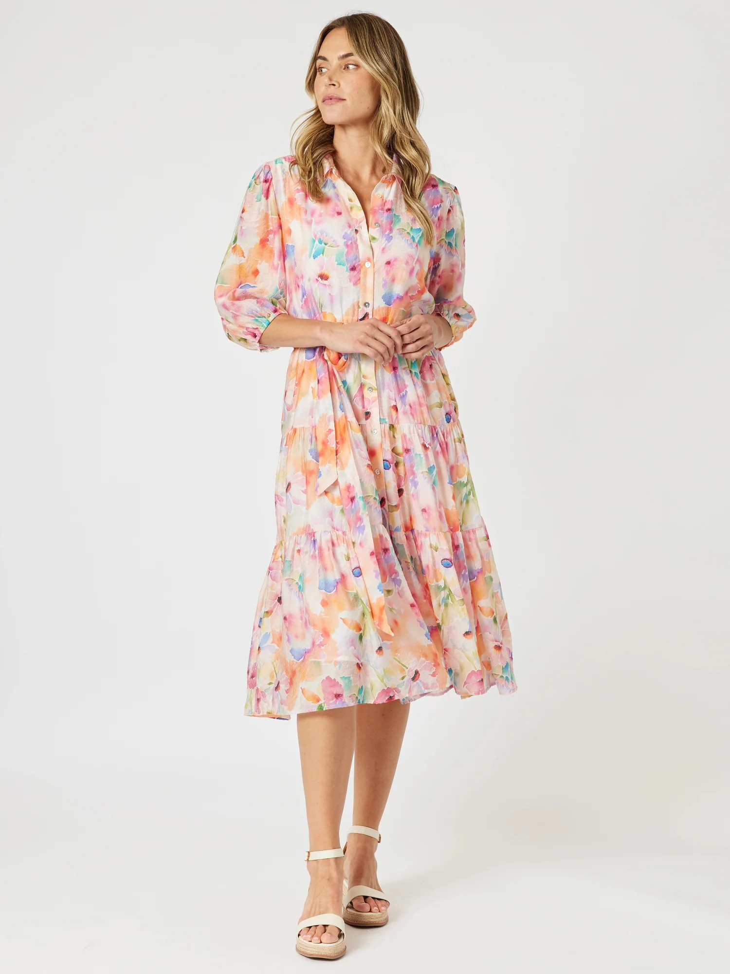 Spring Floral Print Shirt Dress - Multi