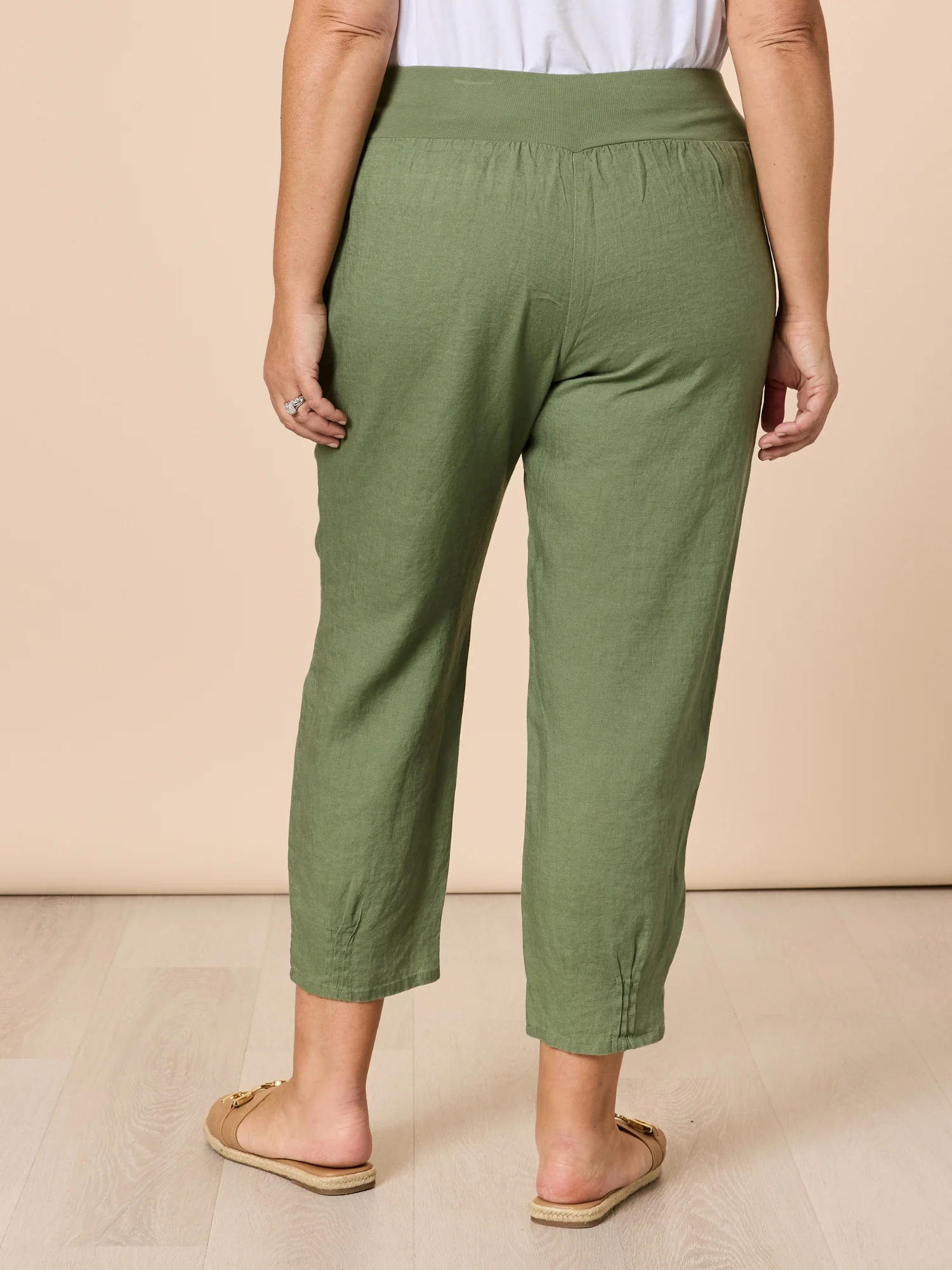 Sarah Linen Pleat Hem Pant - Khaki