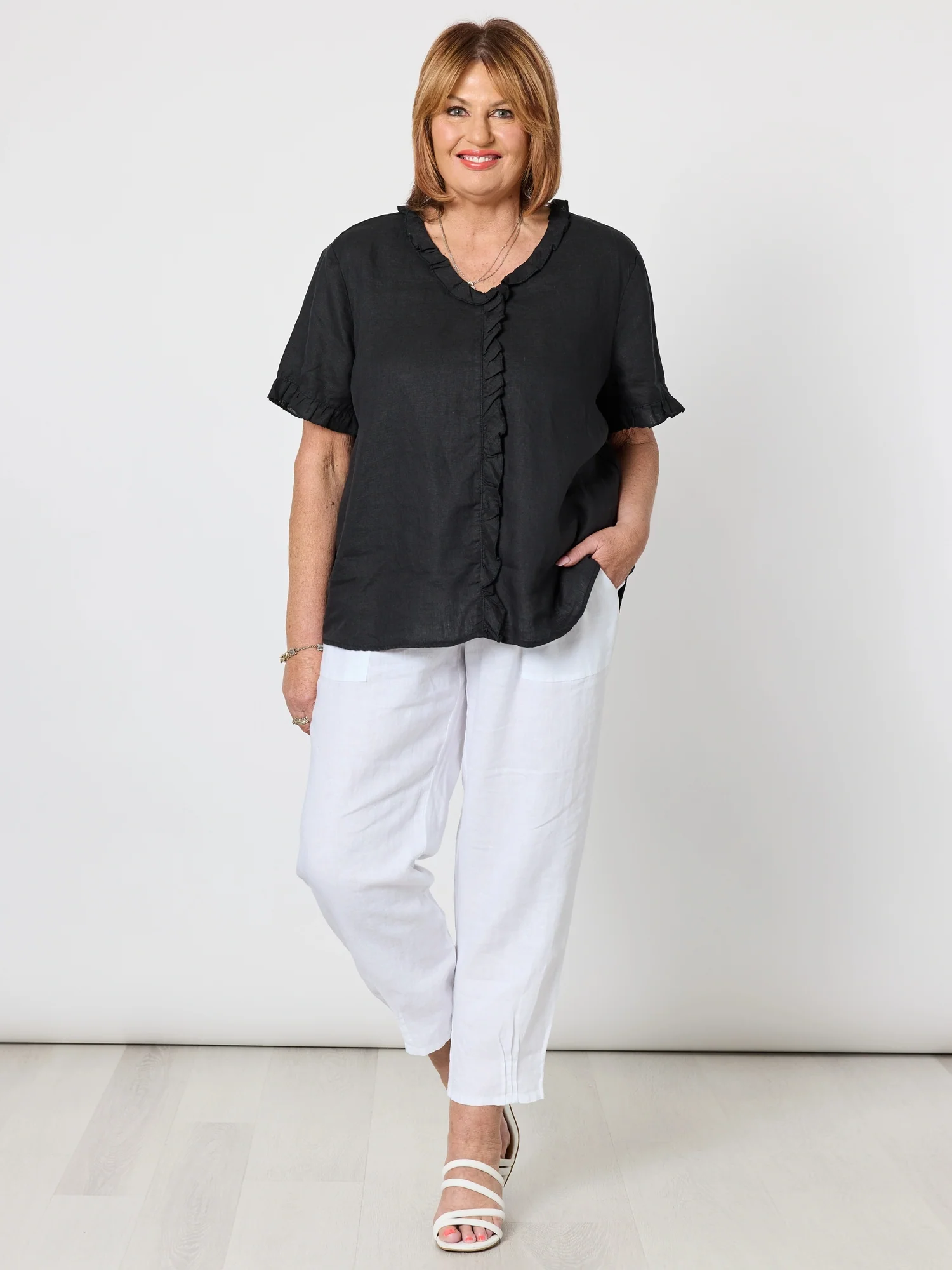 Tiffany Ruffle Linen Top - Black