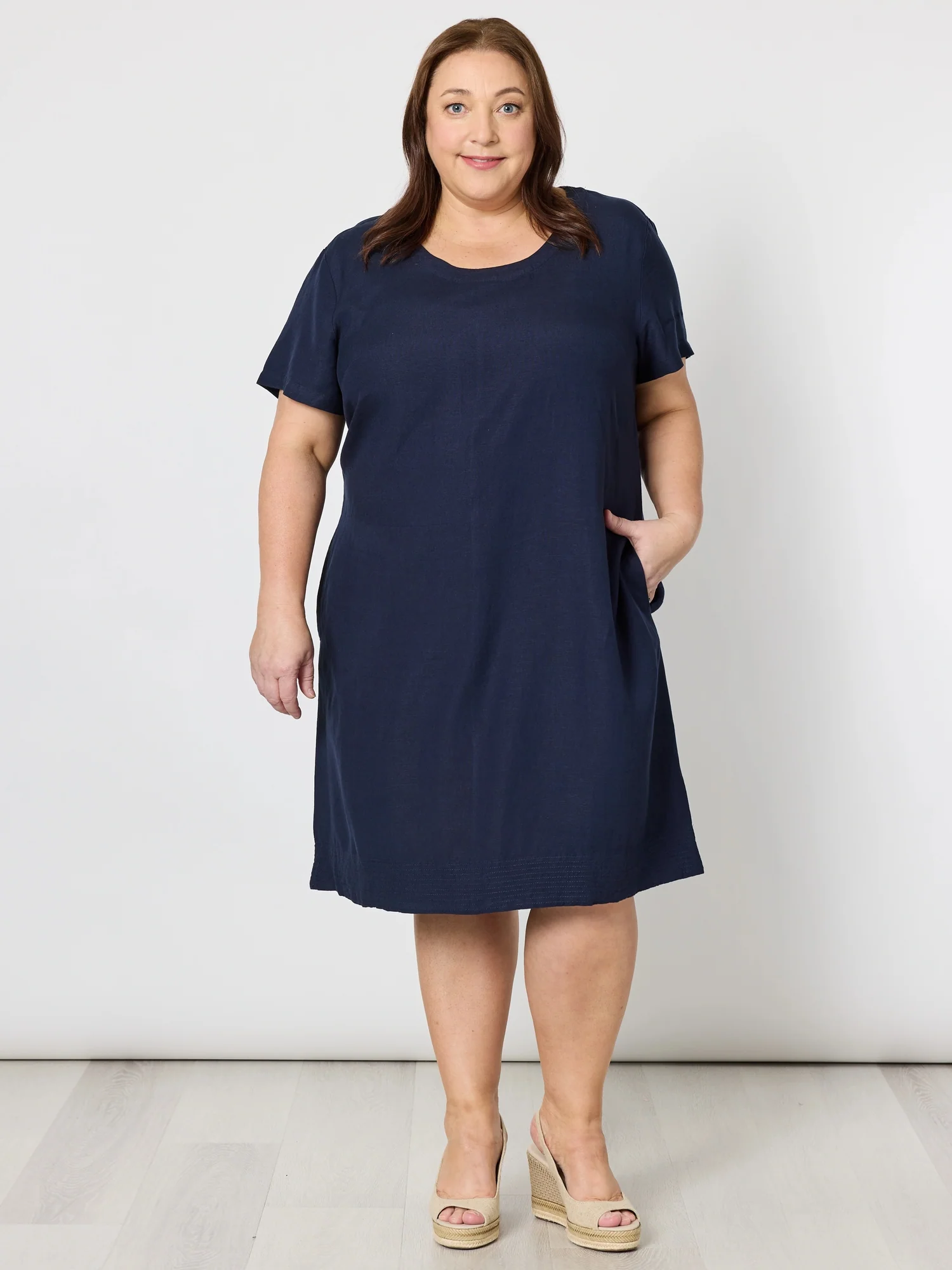 Lino Stitch Hem Detail Shift Dress - Navy