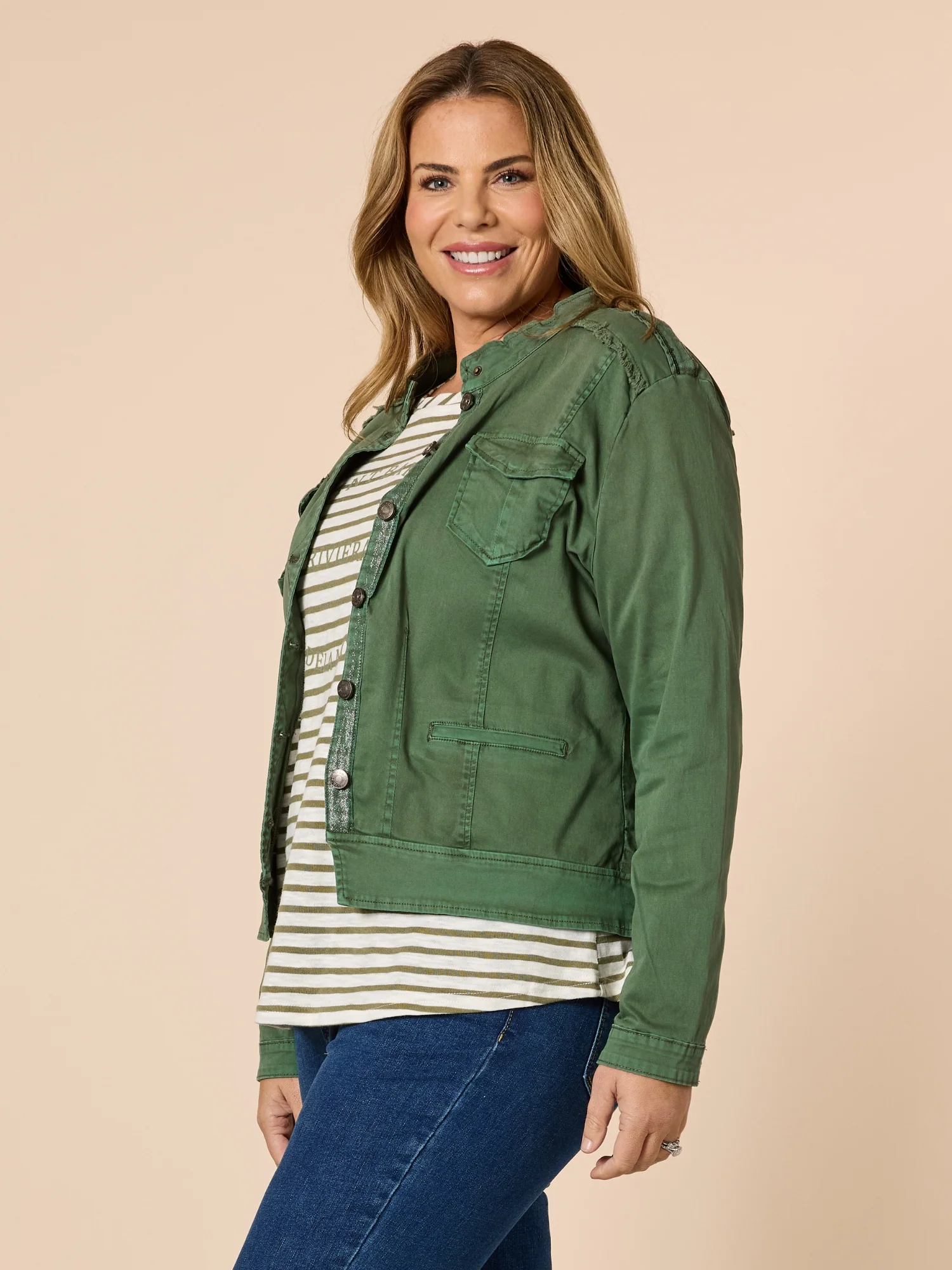 Military Style Denim Jacket - Khaki