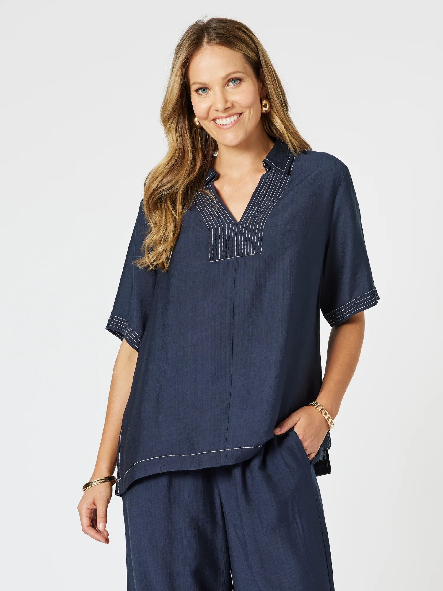 Top Stitch Detail Top - Navy