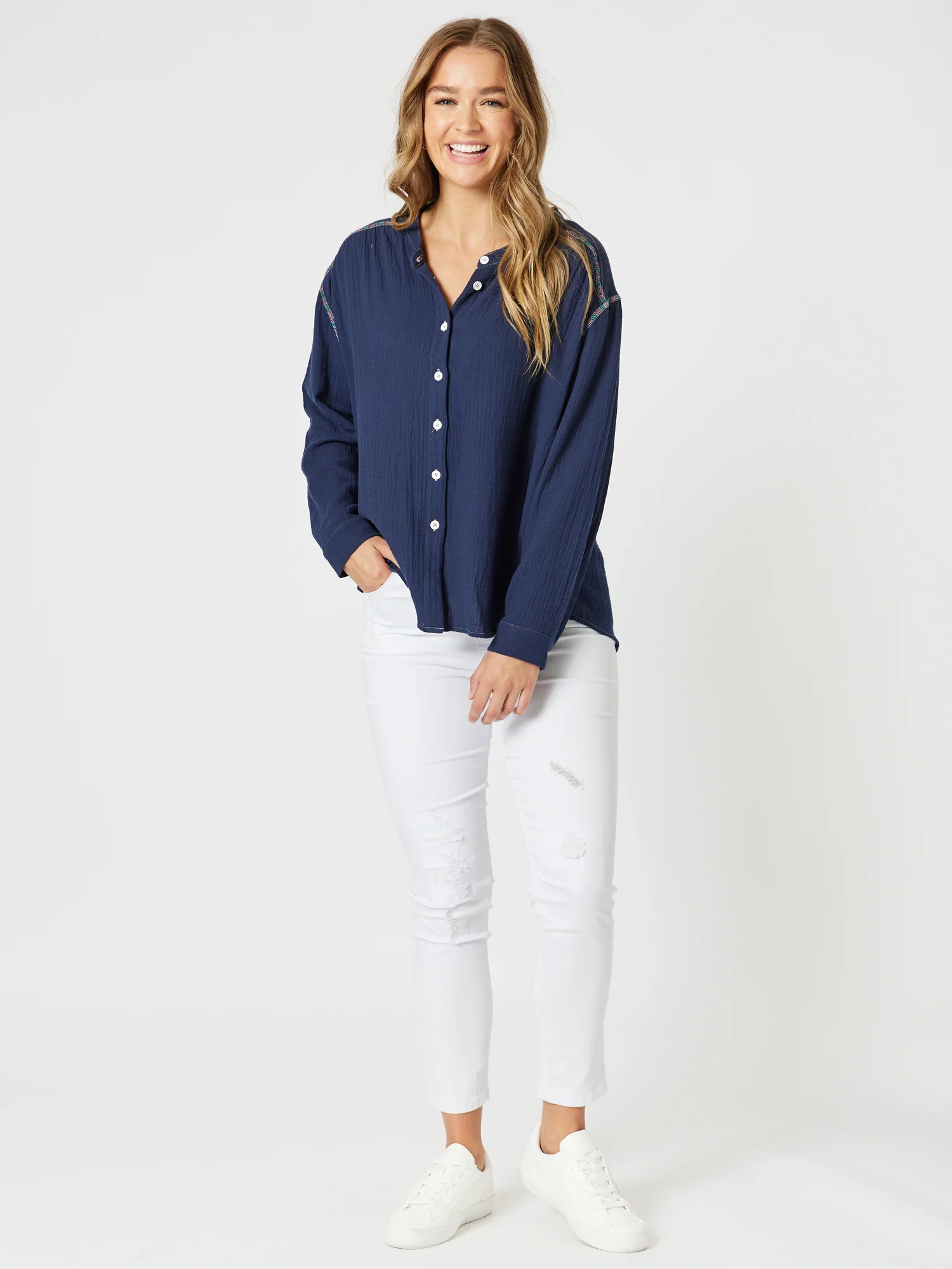 Rainbow Stitch Top - Navy