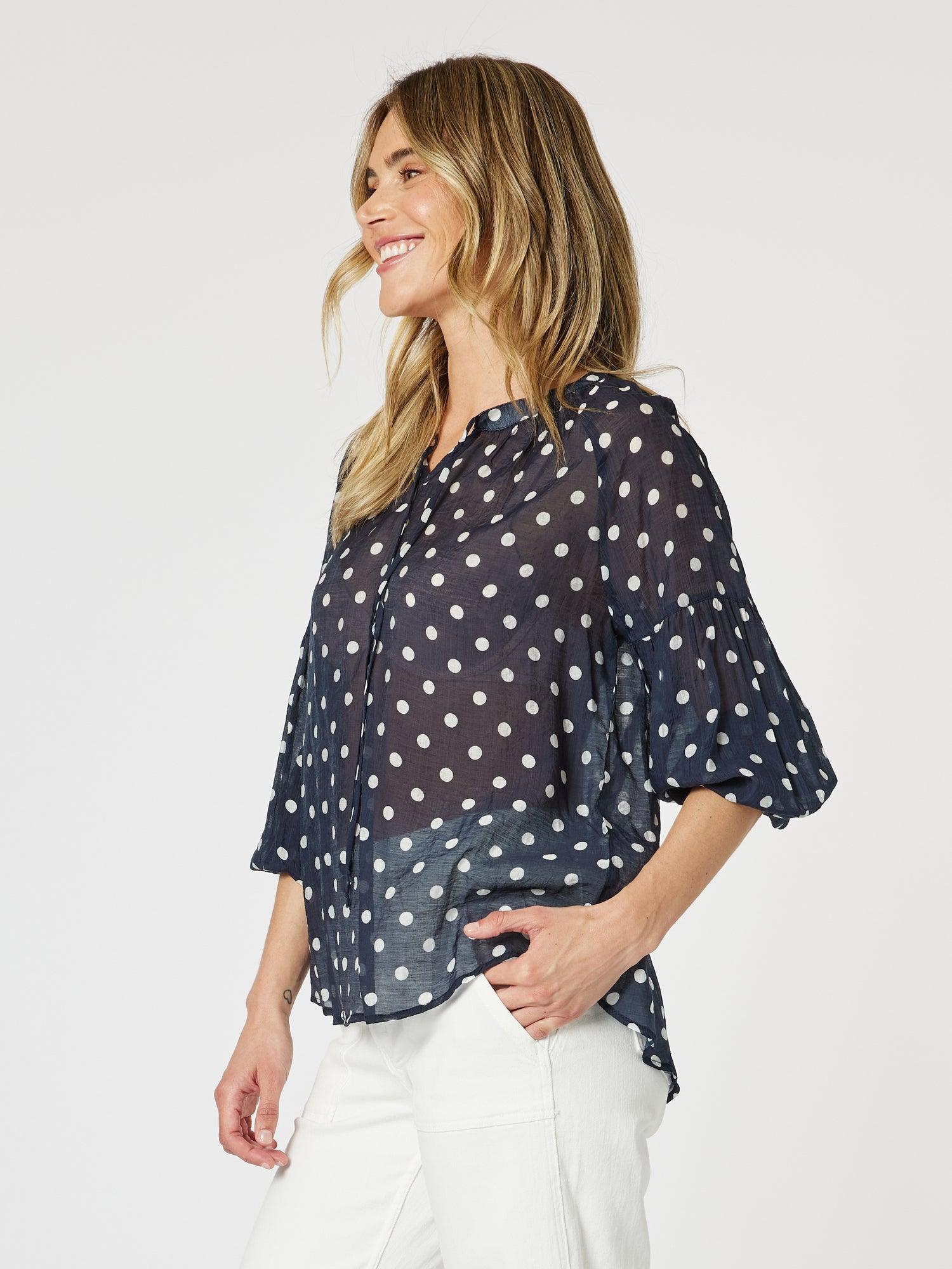 Sorrento Spot Print Sheer Blouse - Navy/White