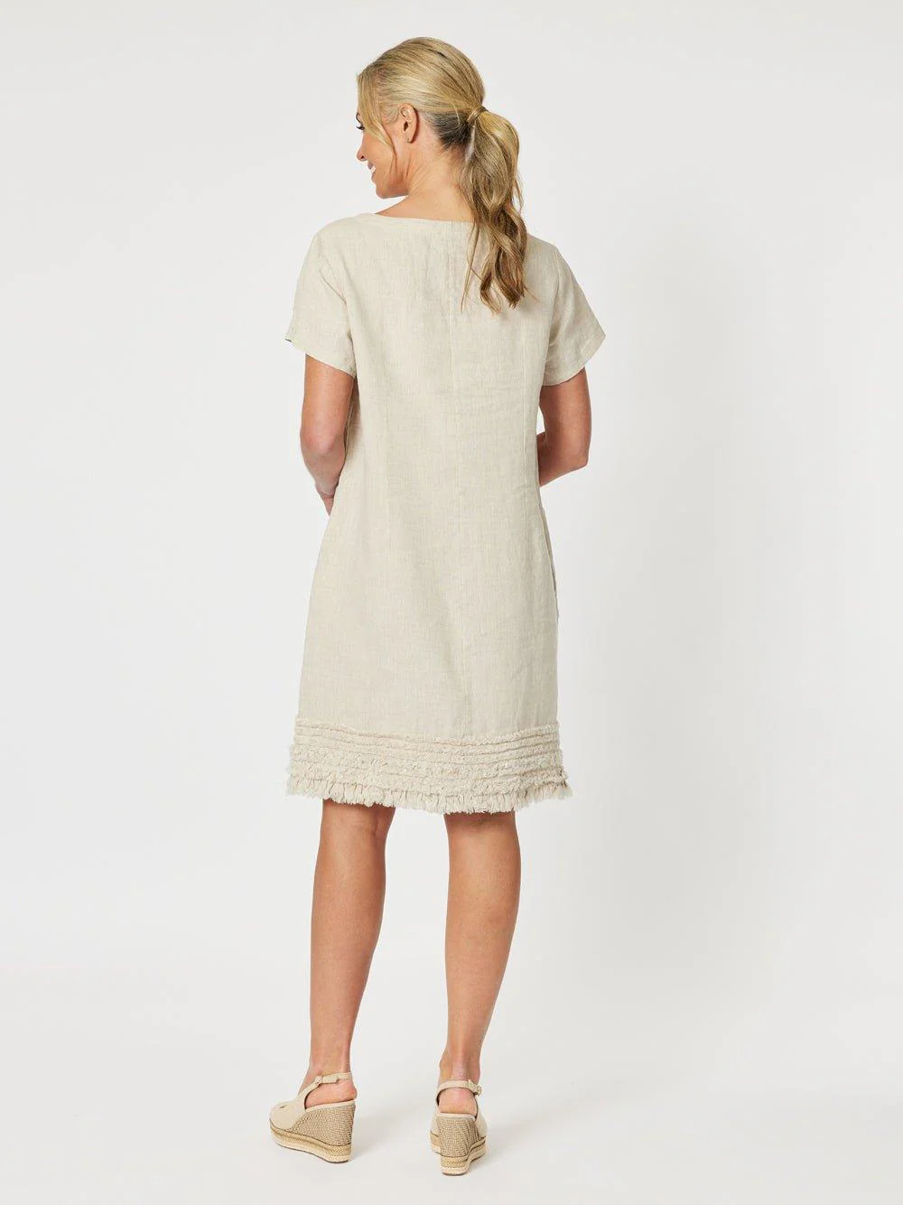 Ruffle Hem Scoop Neck Linen Dress - Natural