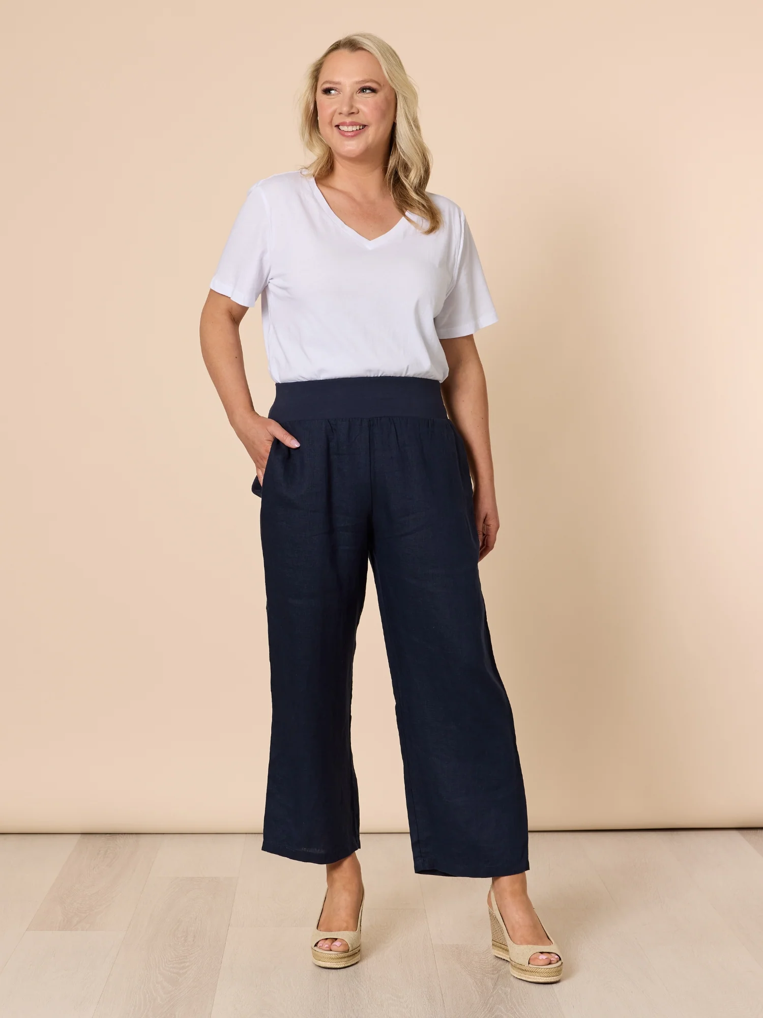 Lara Linen Wide Leg Pant - Navy