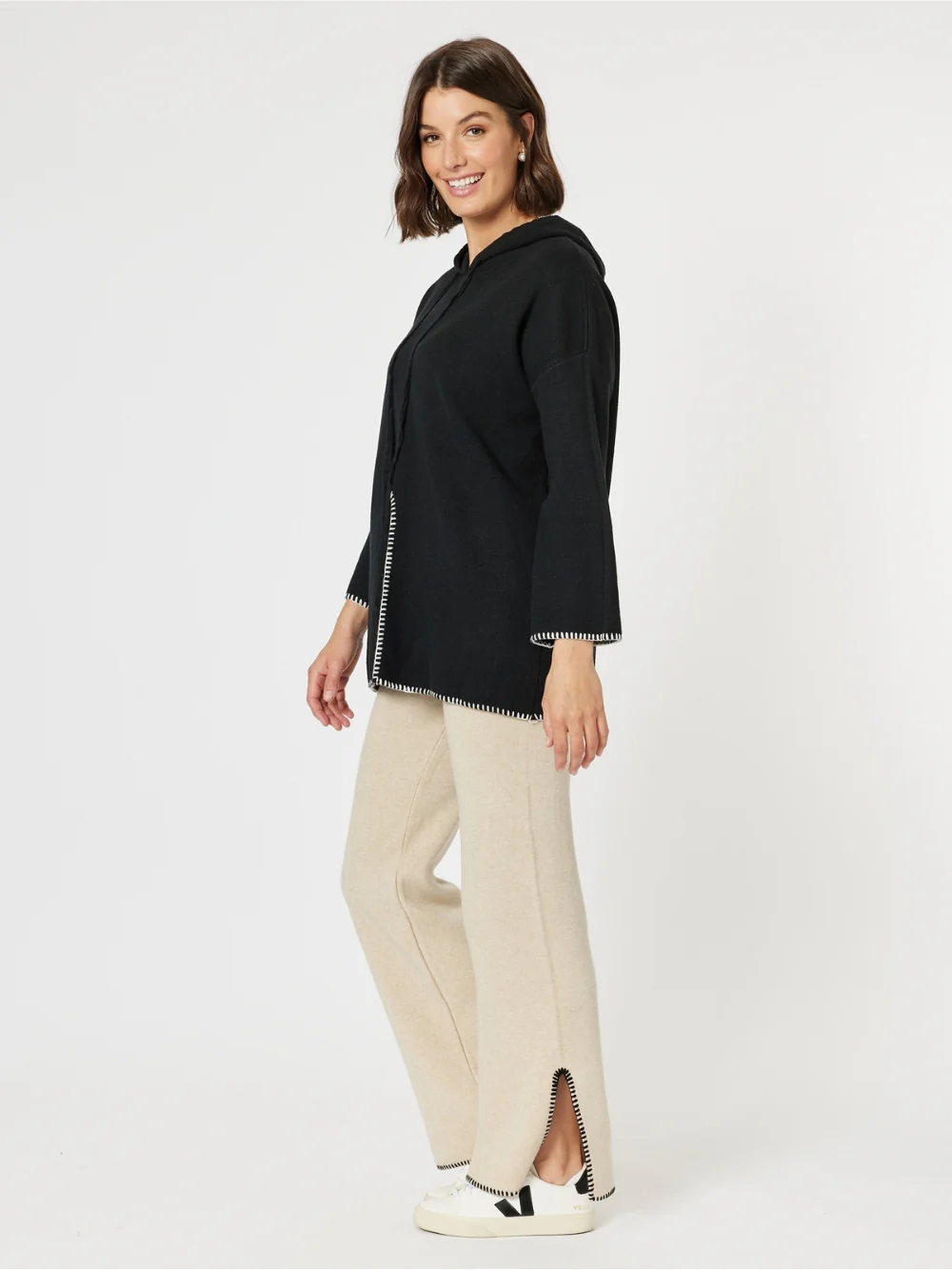 Cosy Hooded Split Front Knit - Black