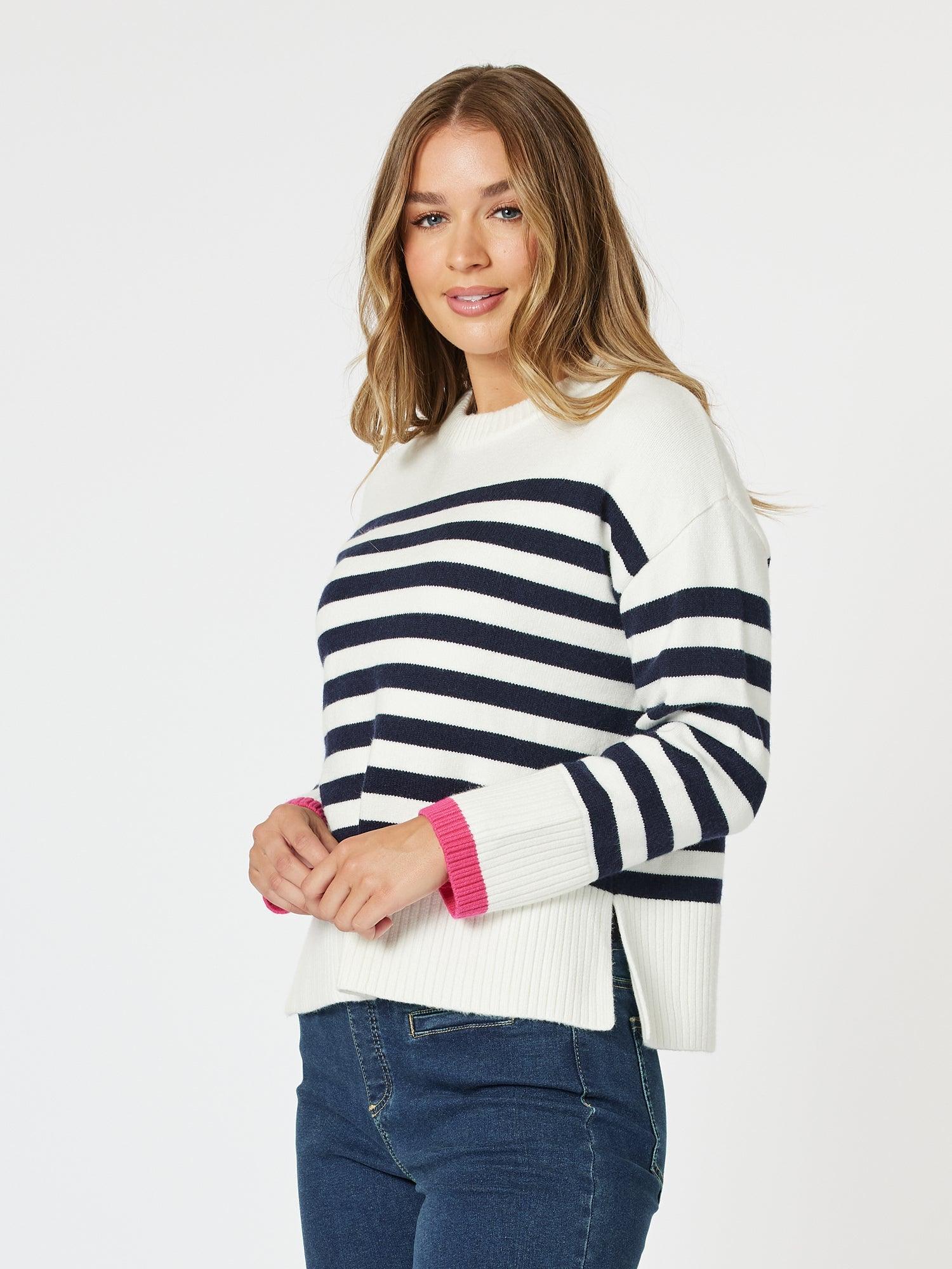 Tempo Stripe Print Knit Top - Navy/White