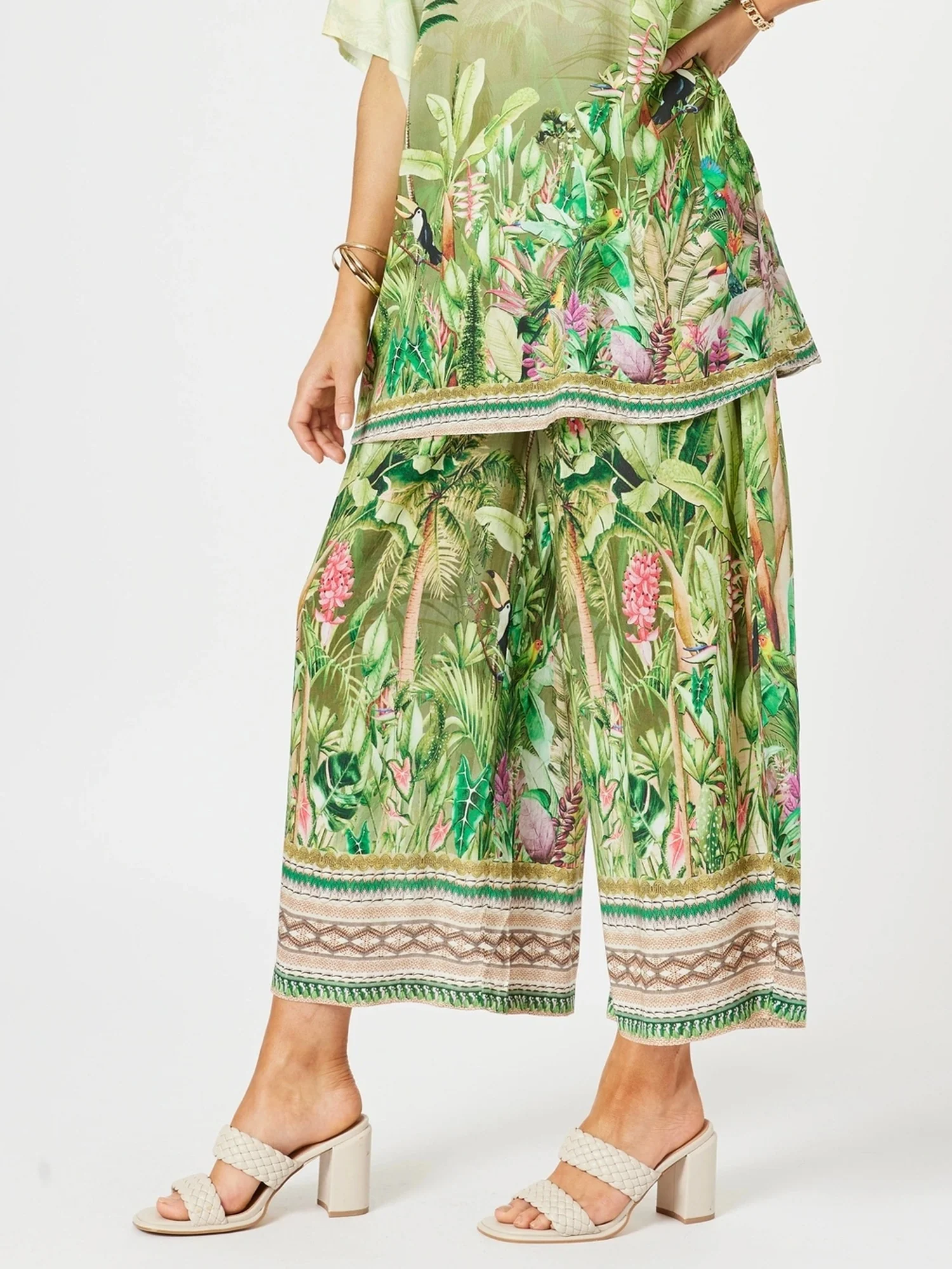 Toucan Print Wide Leg Pant - Green