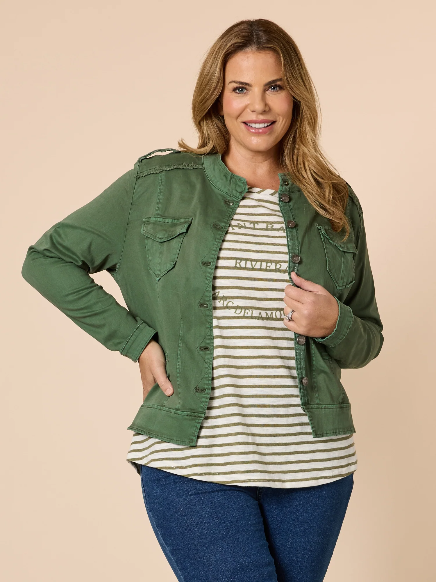 Military Style Denim Jacket - Khaki