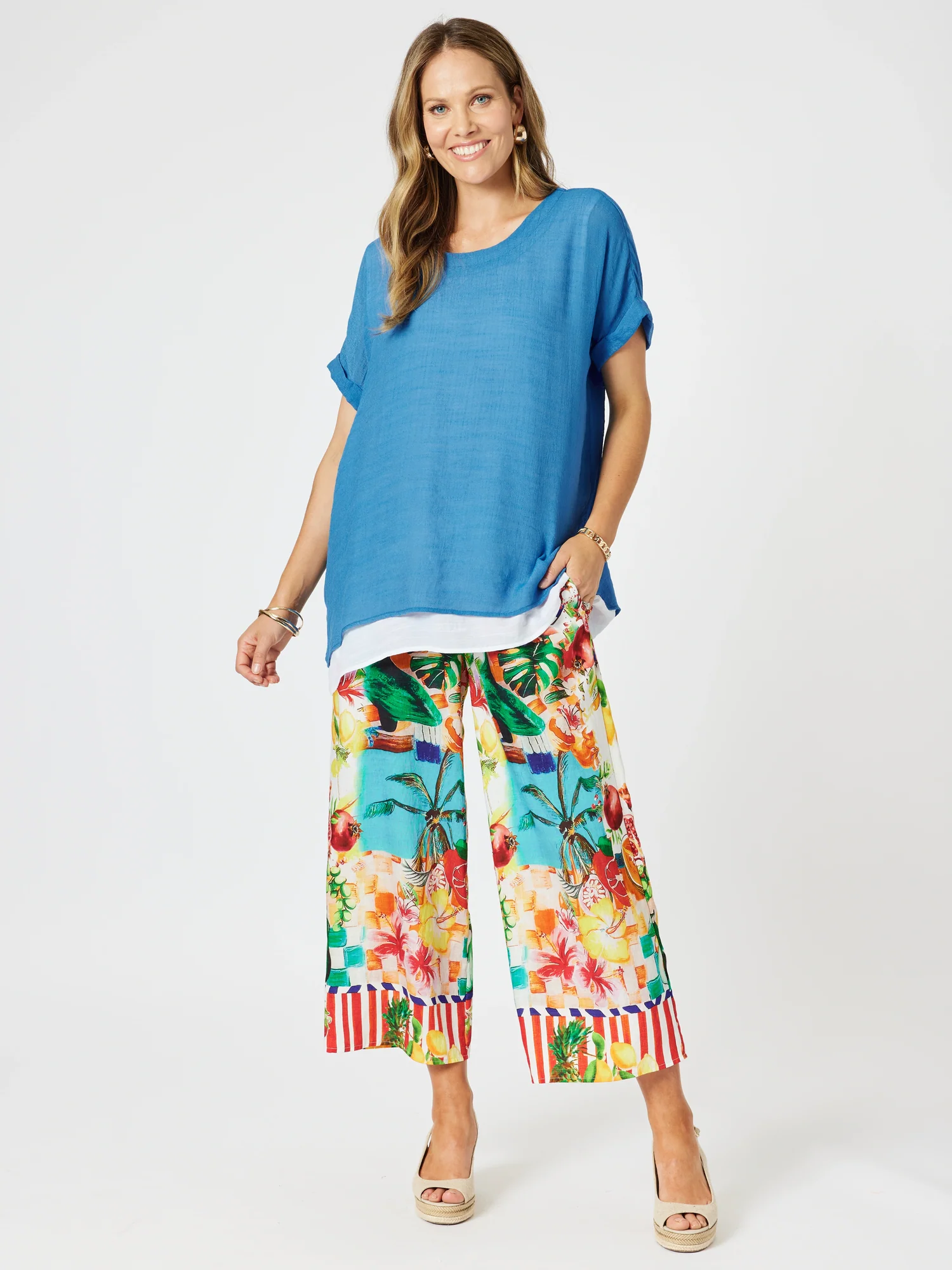 Palma Side Button 2 in 1 Look Top - Blue/White