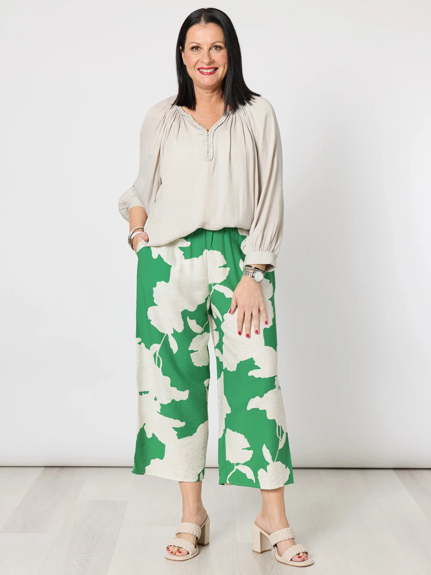 Barcelona Floral Print Wide Leg Pant - Elm Natural