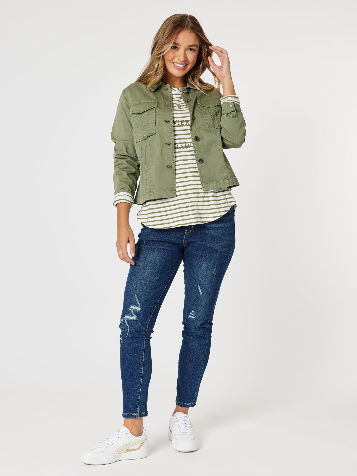 Riviera Stripe Print Long Sleeve Tee - Khaki/White