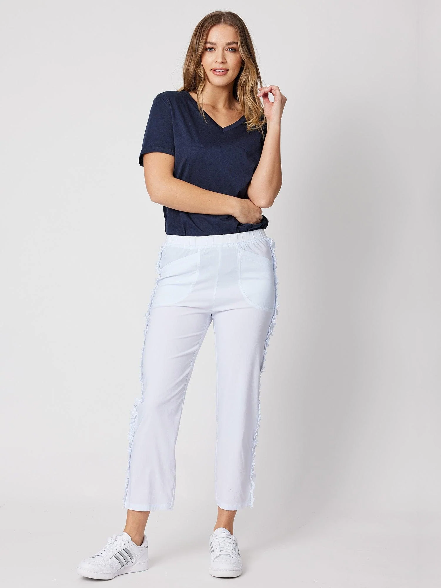 Frilled Side Detail Stretch Pant - White