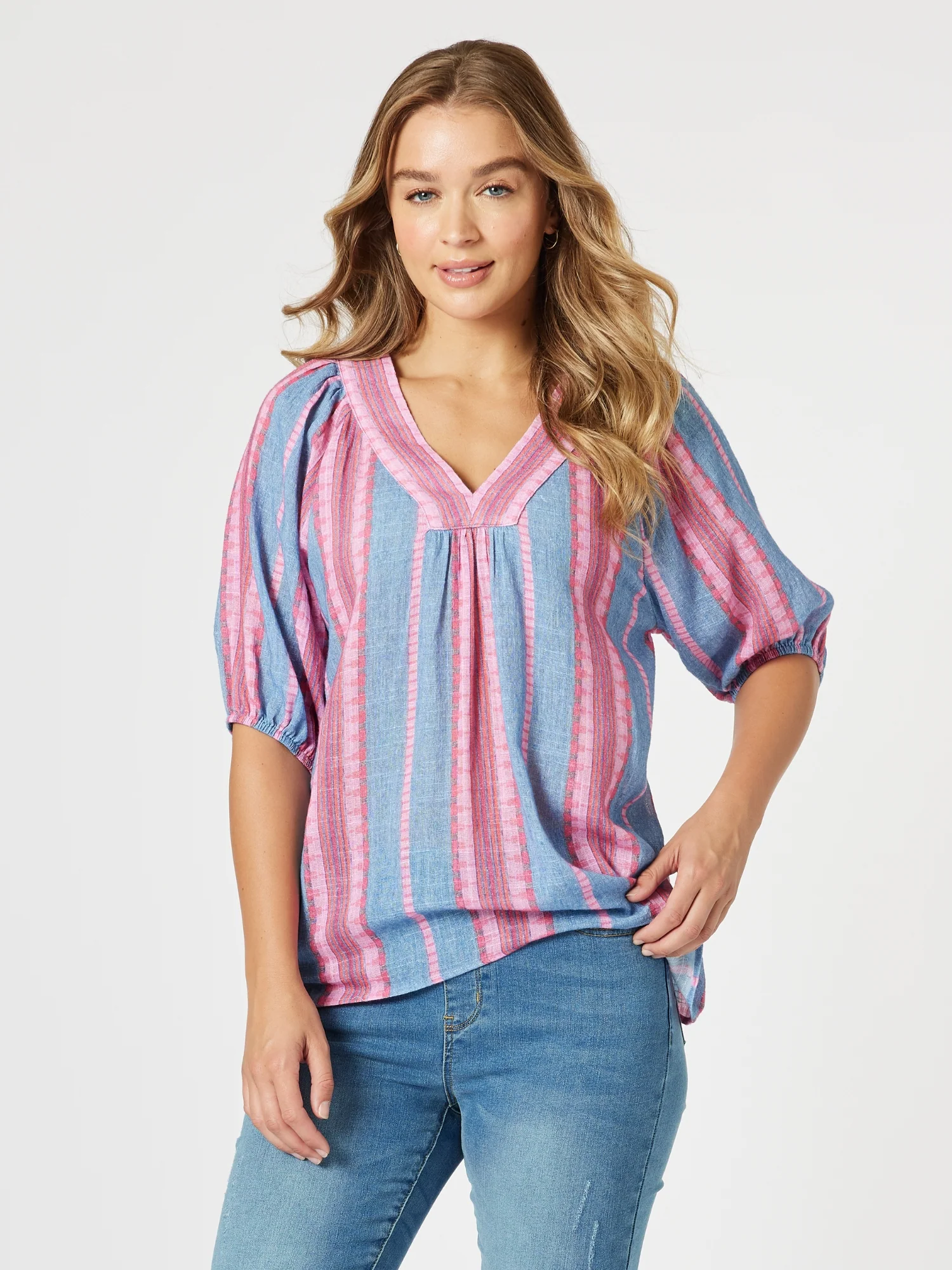 Bloom Stripe Print Top - Indigo Pink