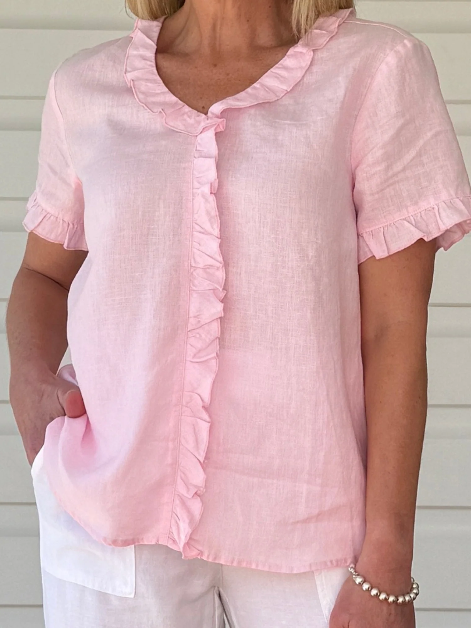 Tiffany Ruffle Linen Top - Pink