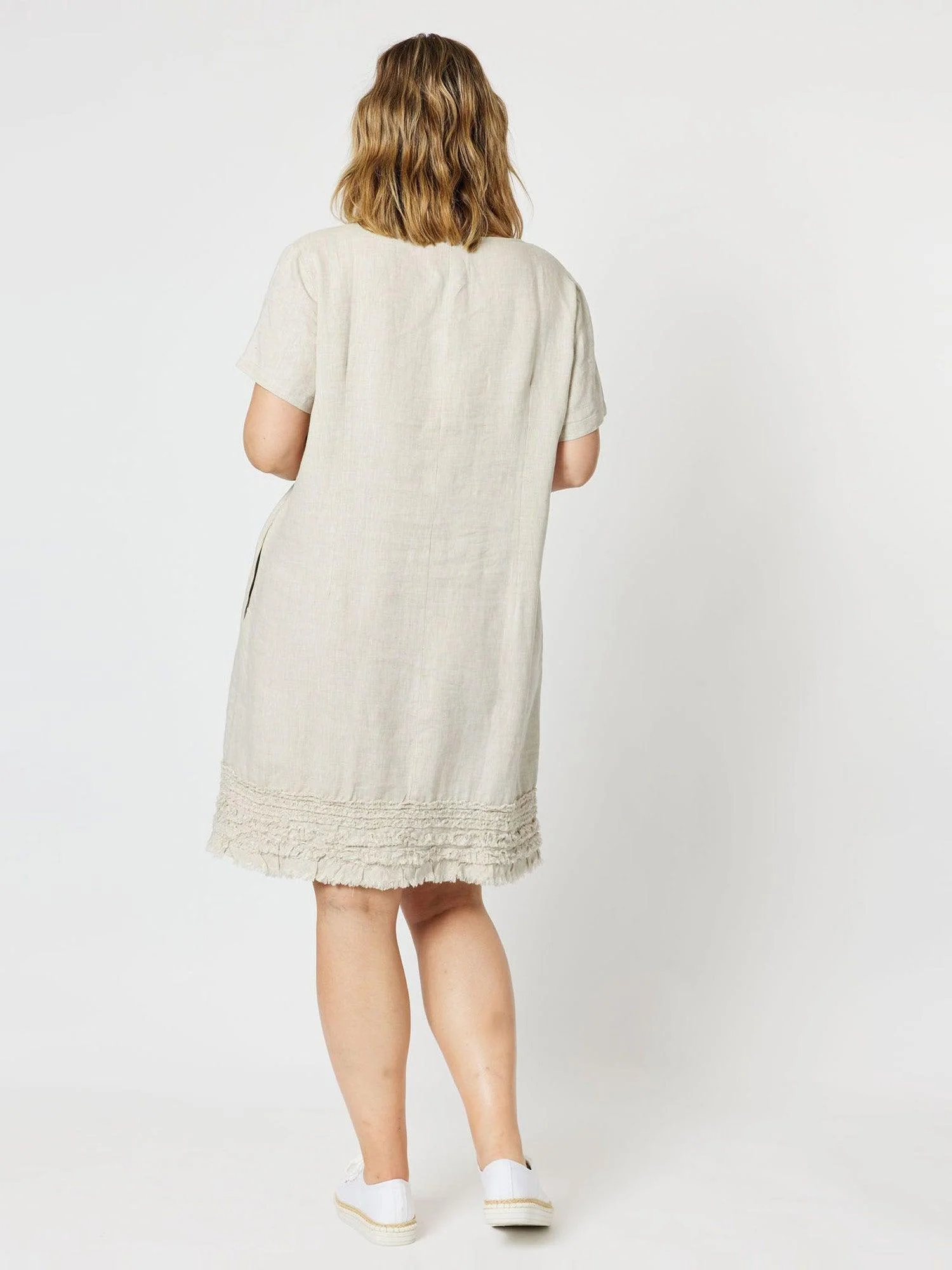 Ruffle Hem Scoop Neck Linen Dress - Natural