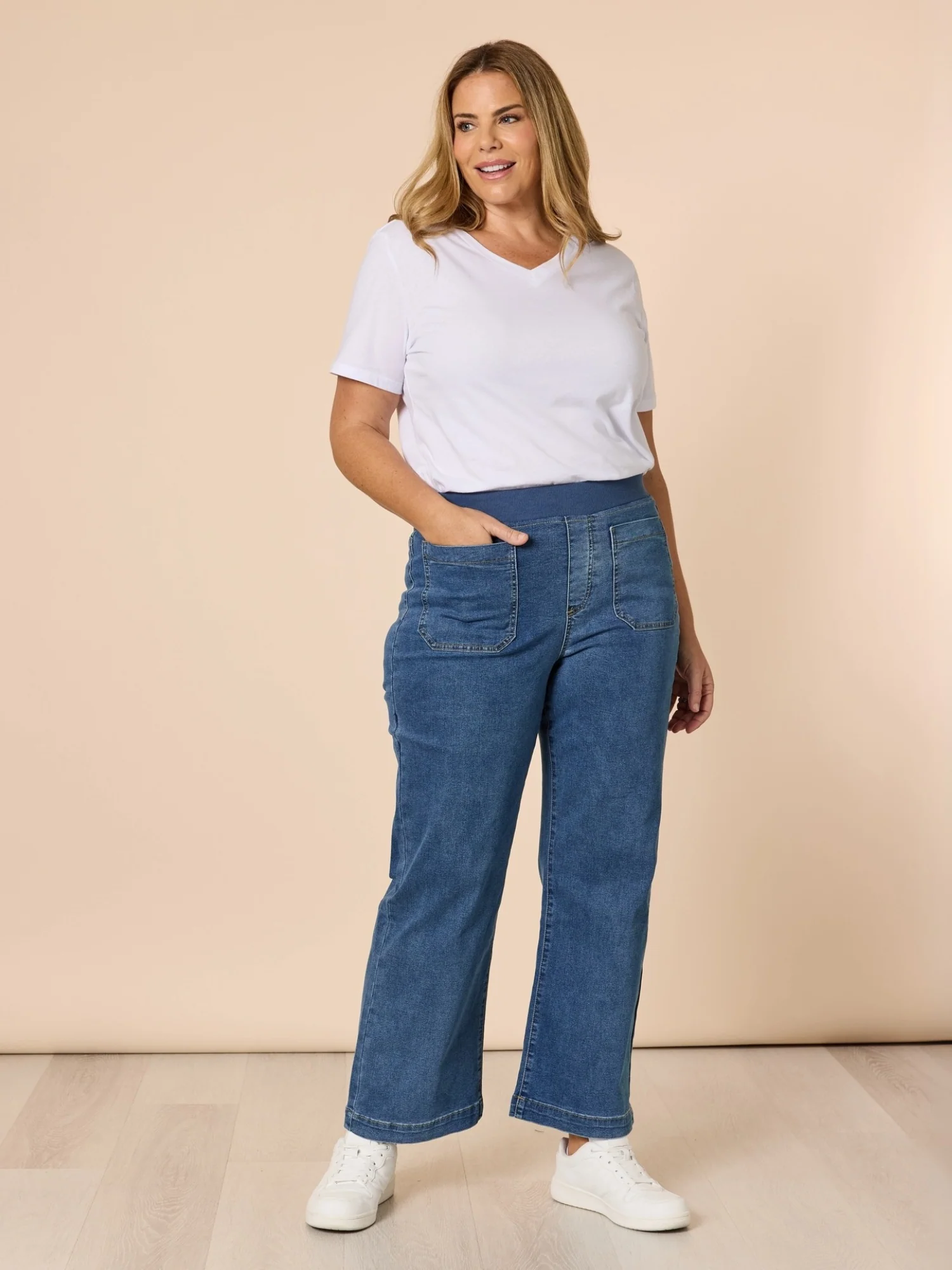 Carpenter Stretch Wide Leg Pull On Denim Jean - Washed Denim