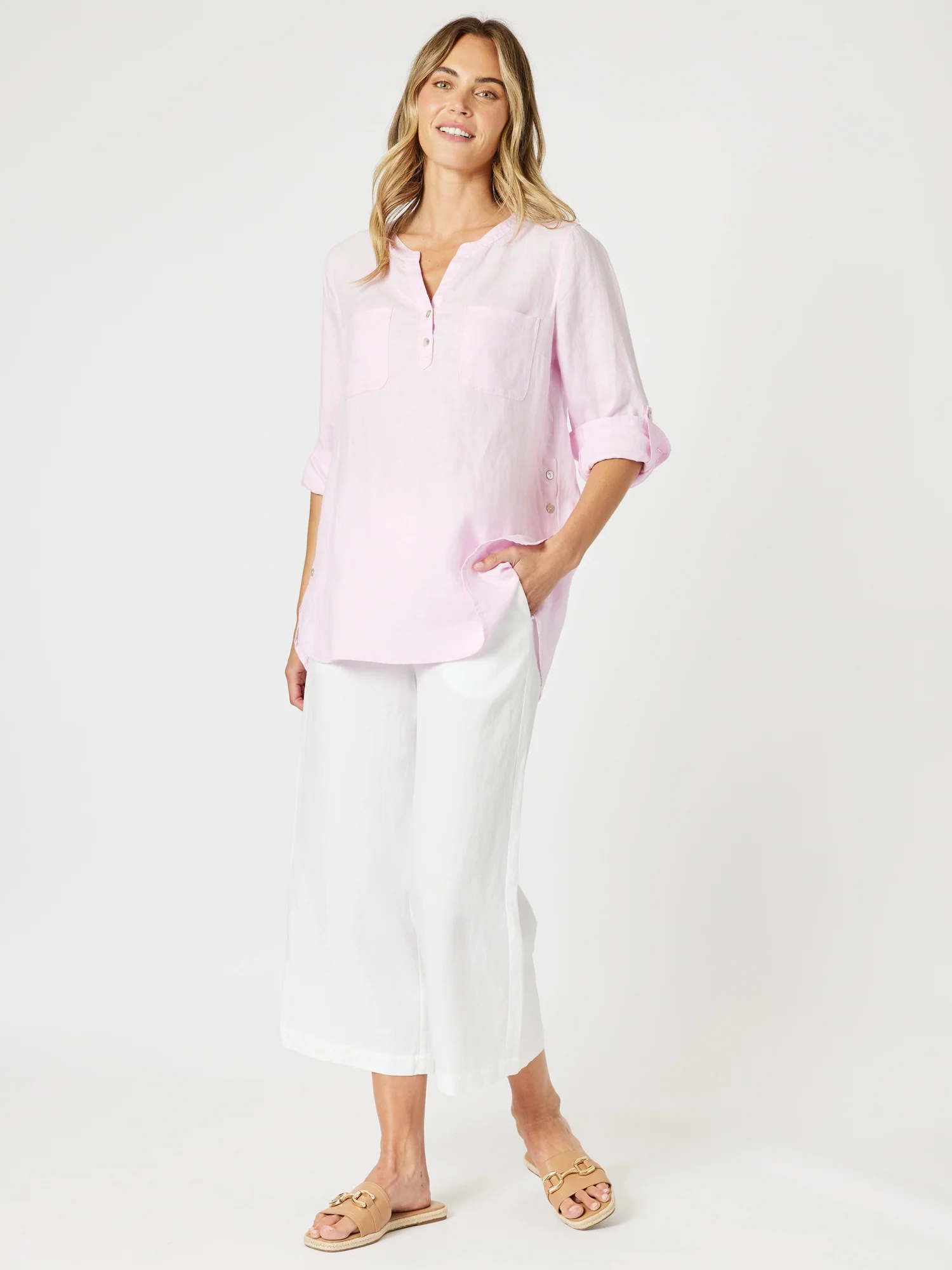 Ava Button Detail Linen Top - Pink