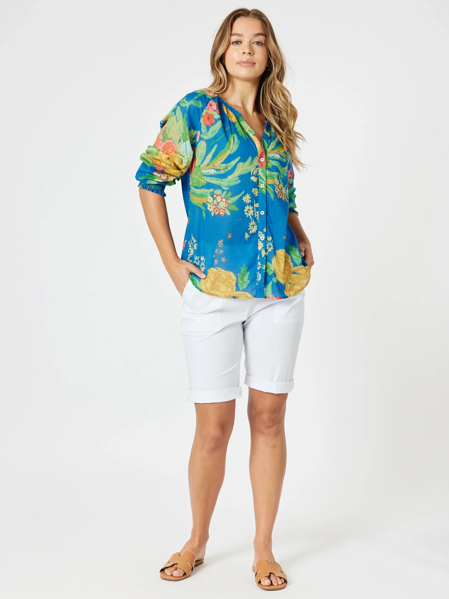 Tropics Floral Print Sheer Top - Blue/Multi