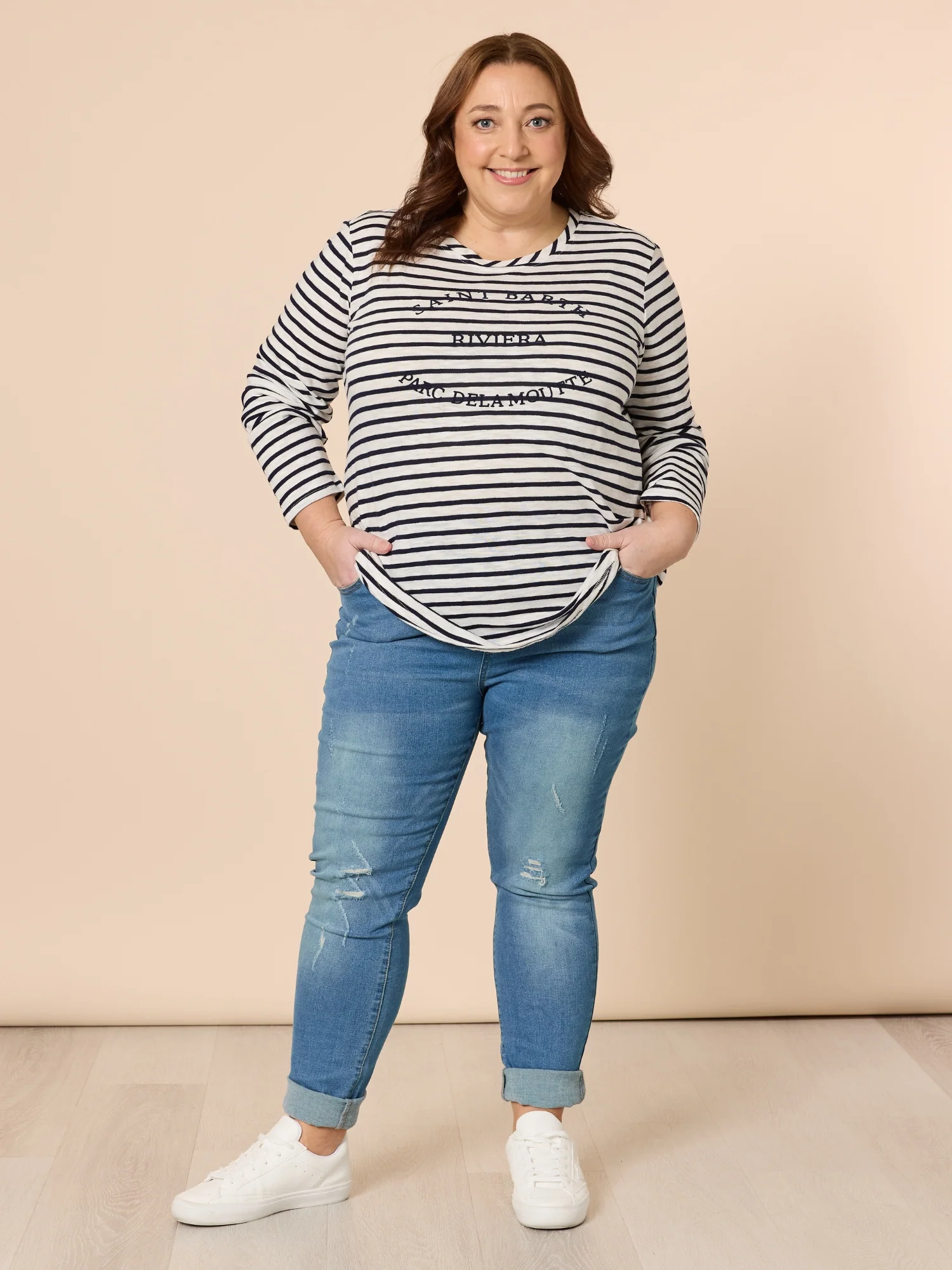 Riviera Stripe Print Long Sleeve Tee - Navy/White