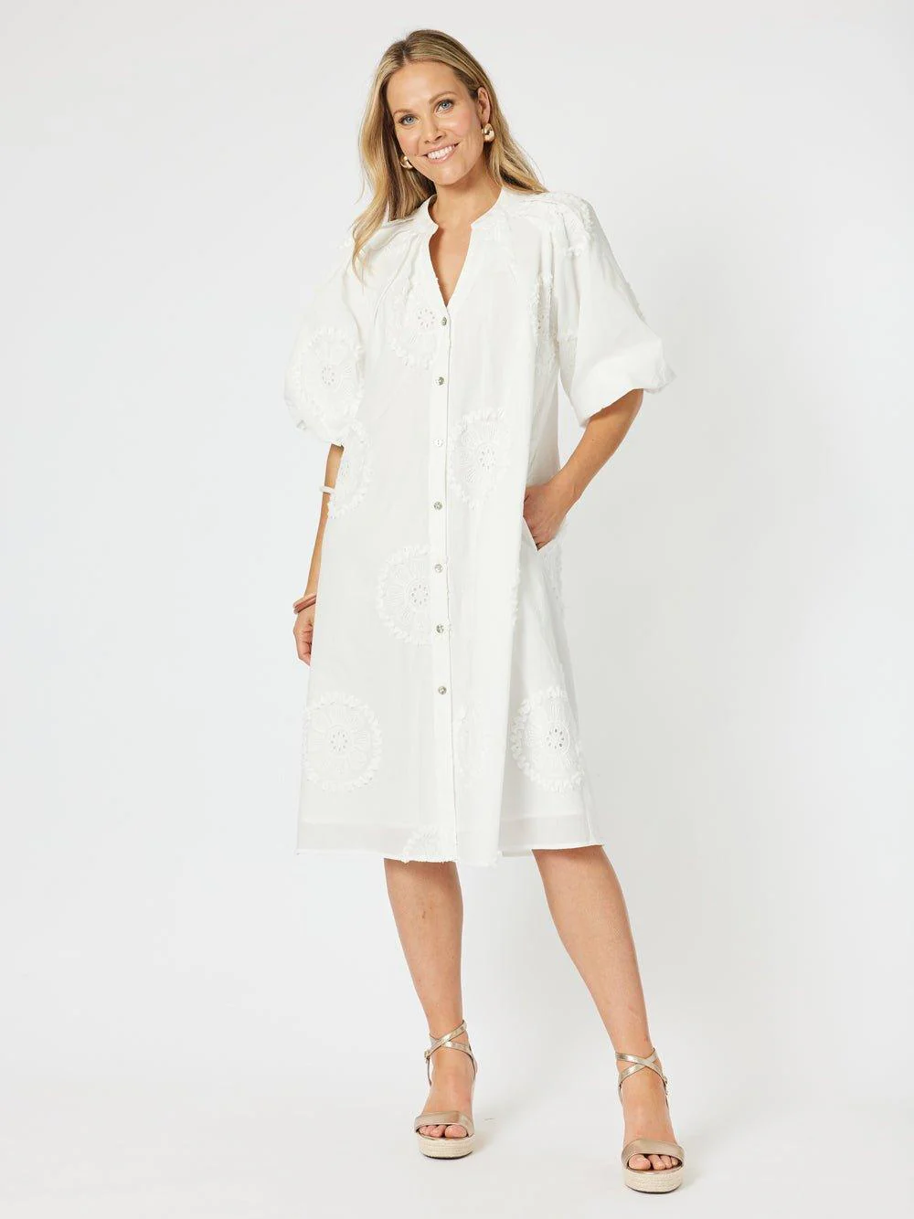 Emanuella Embroidered Button Dress - White