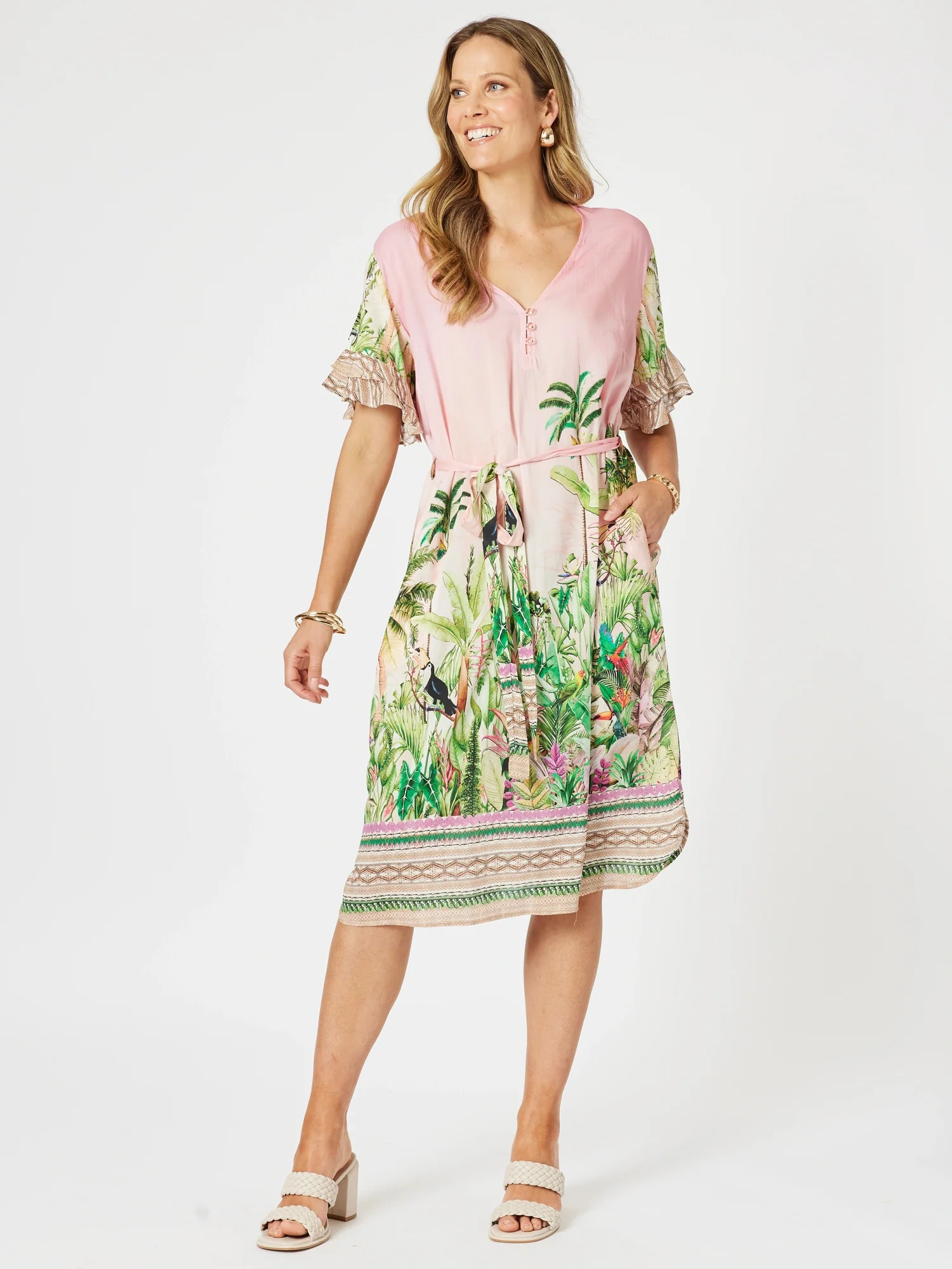Toucan Print Ruffle Sleeve Dress - Pink