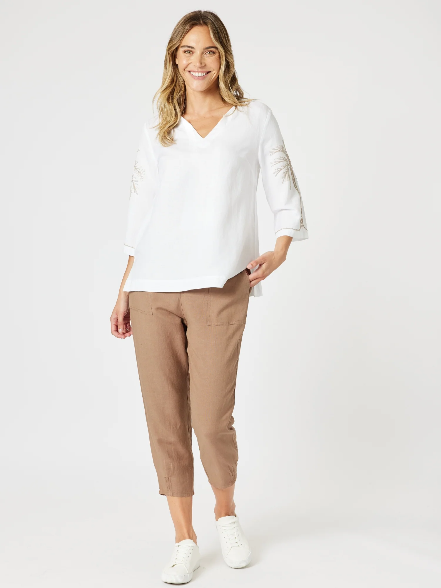 Palm Embroidery Lino Top - White/Natural