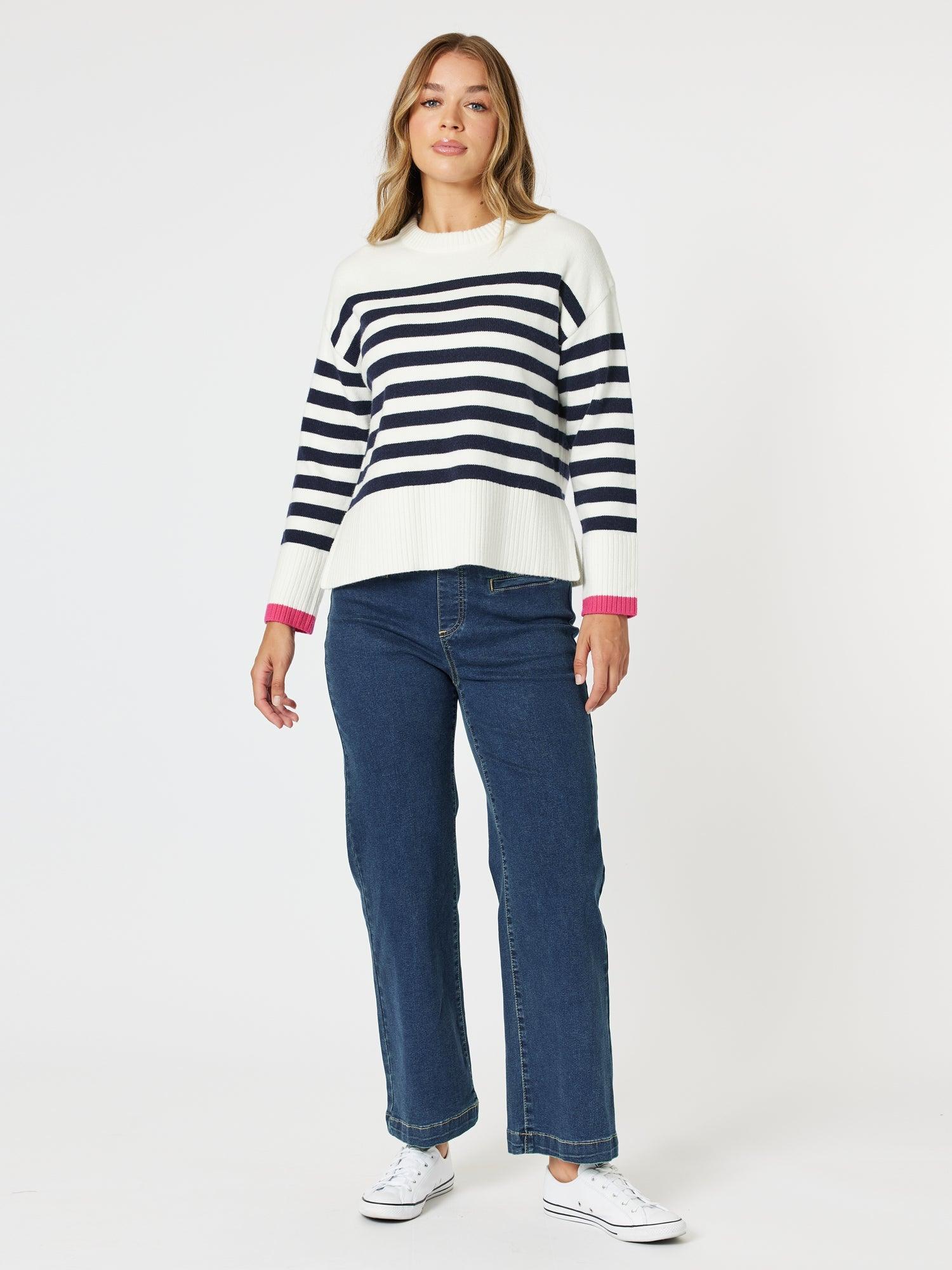 Tempo Stripe Print Knit Top - Navy/White