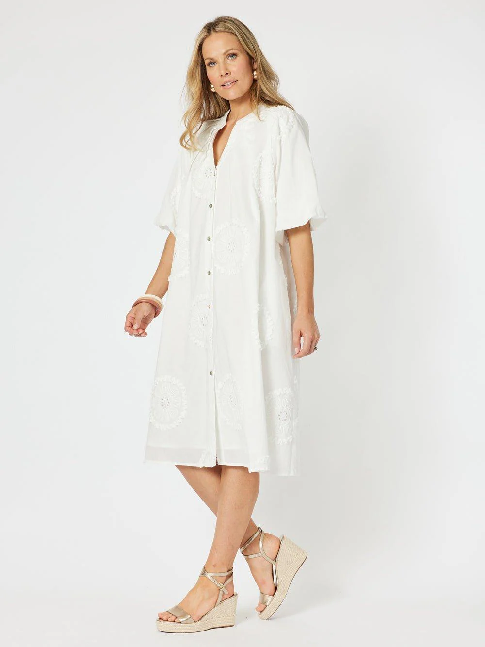 Emanuella Embroidered Button Dress - White