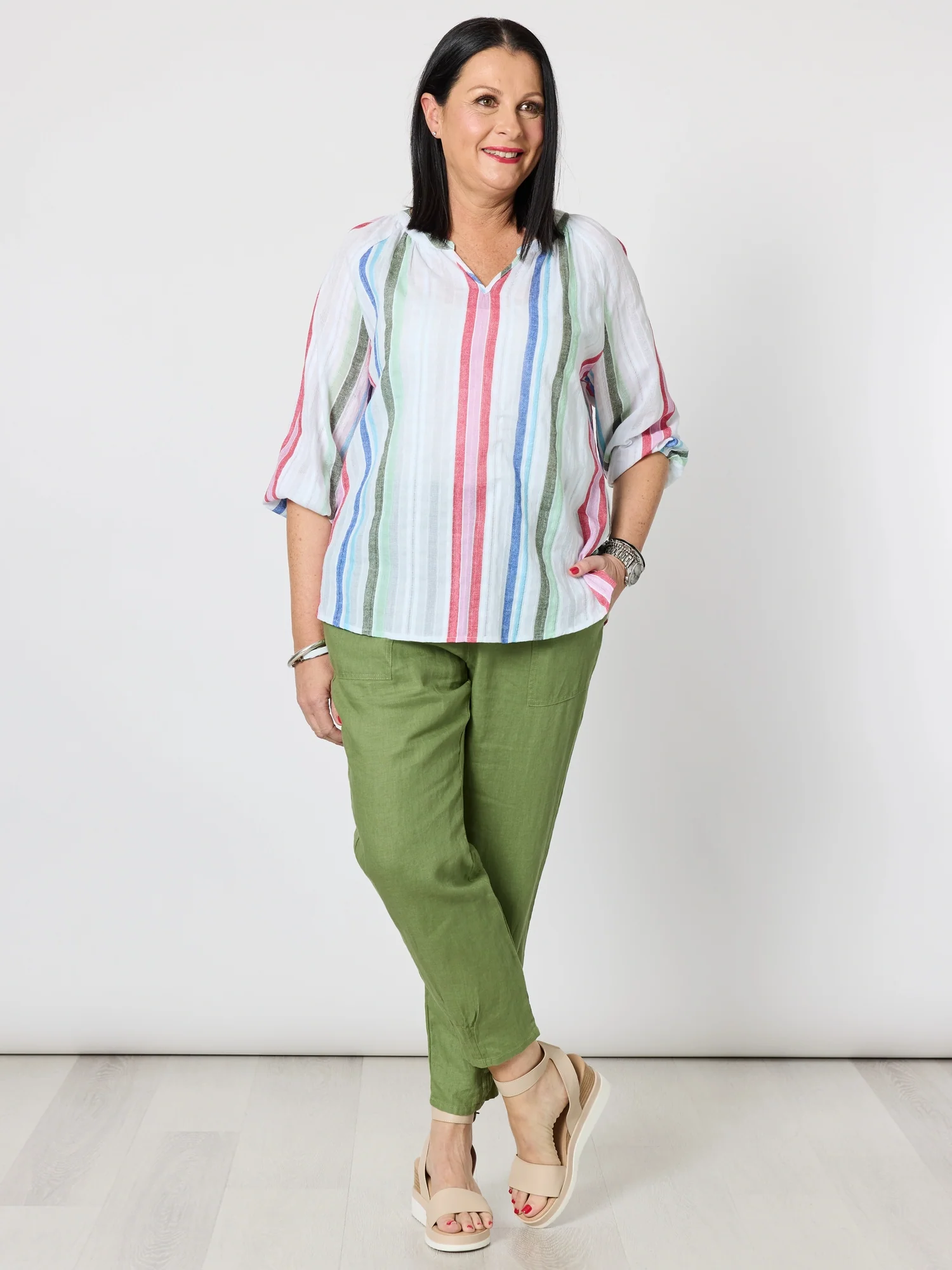 Havana Stripe Print Top - Basil Multi