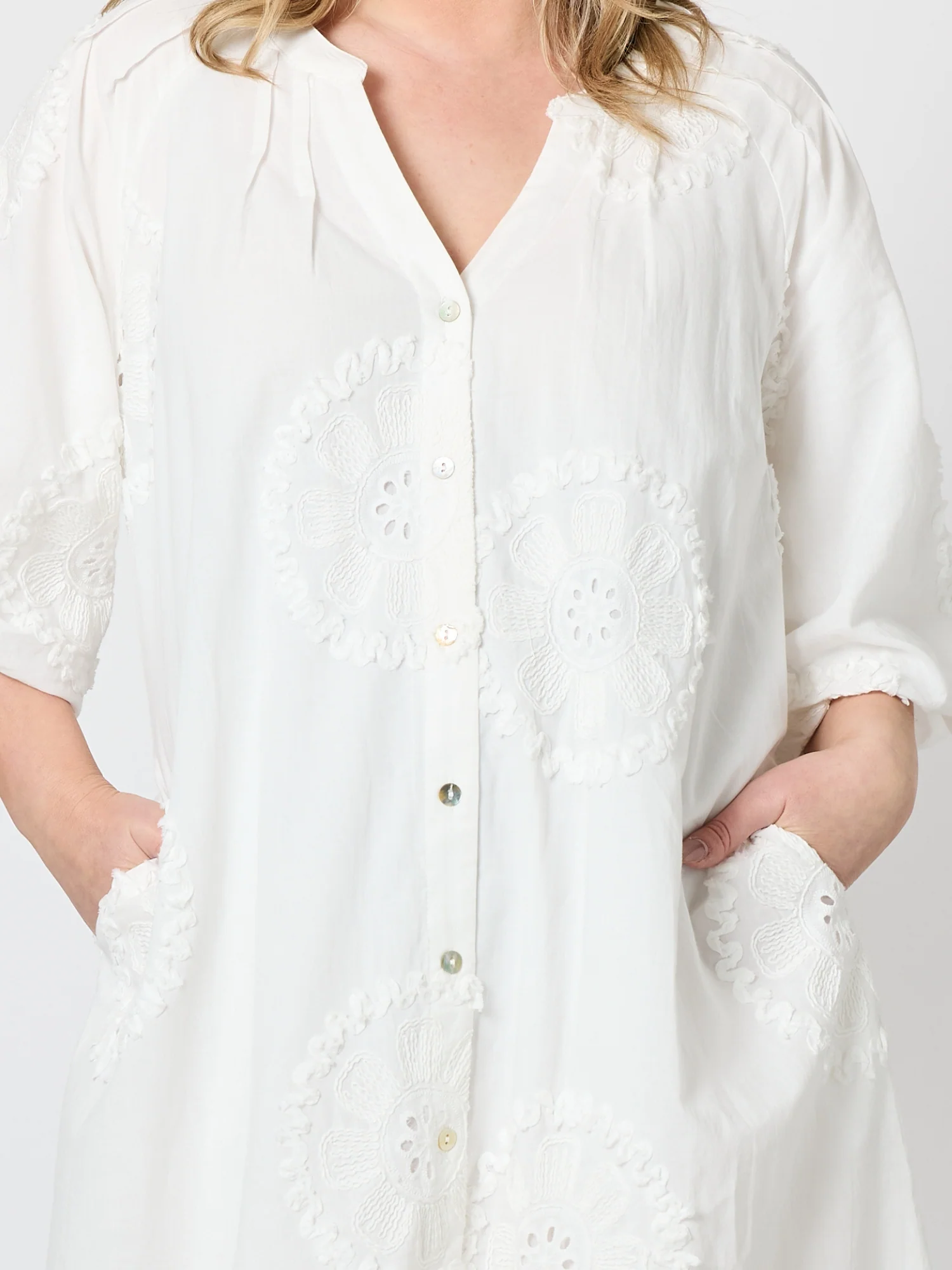 Emanuella Embroidered Button Dress - White
