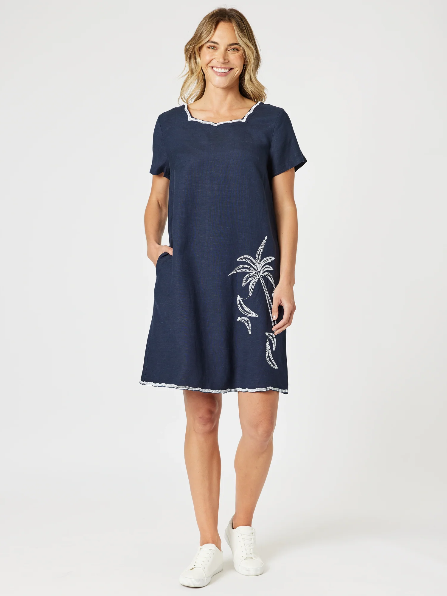 Palm Embroidered Lino Shift Dress - Navy/White
