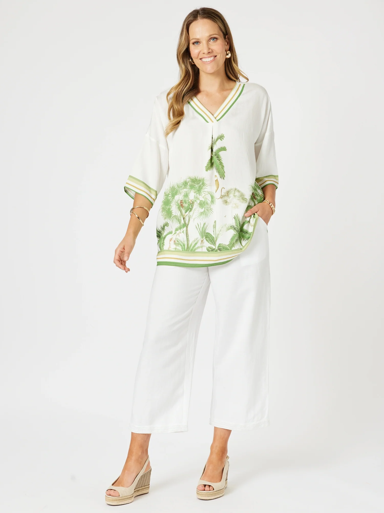 Amazon Print V Neck Top - Green/Multi