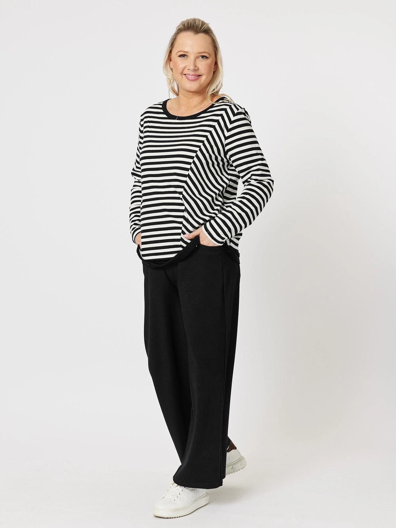 Sarah Stripe Long Sleeve Top - Black
