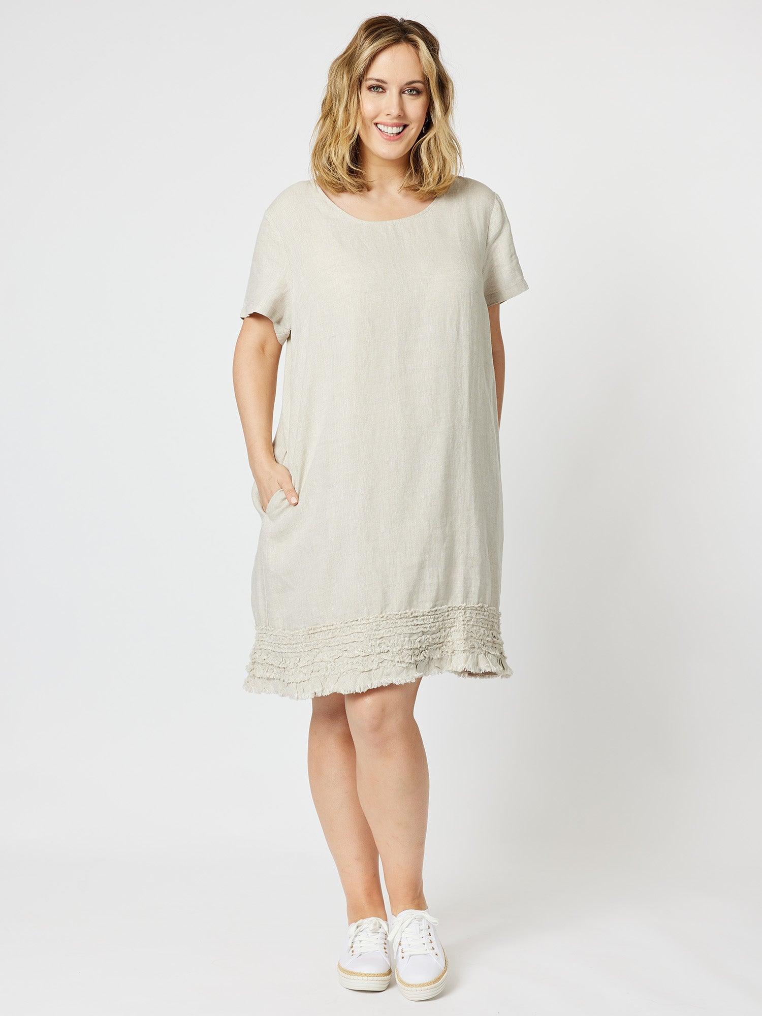 Ruffle Hem Scoop Neck Linen Dress - Natural