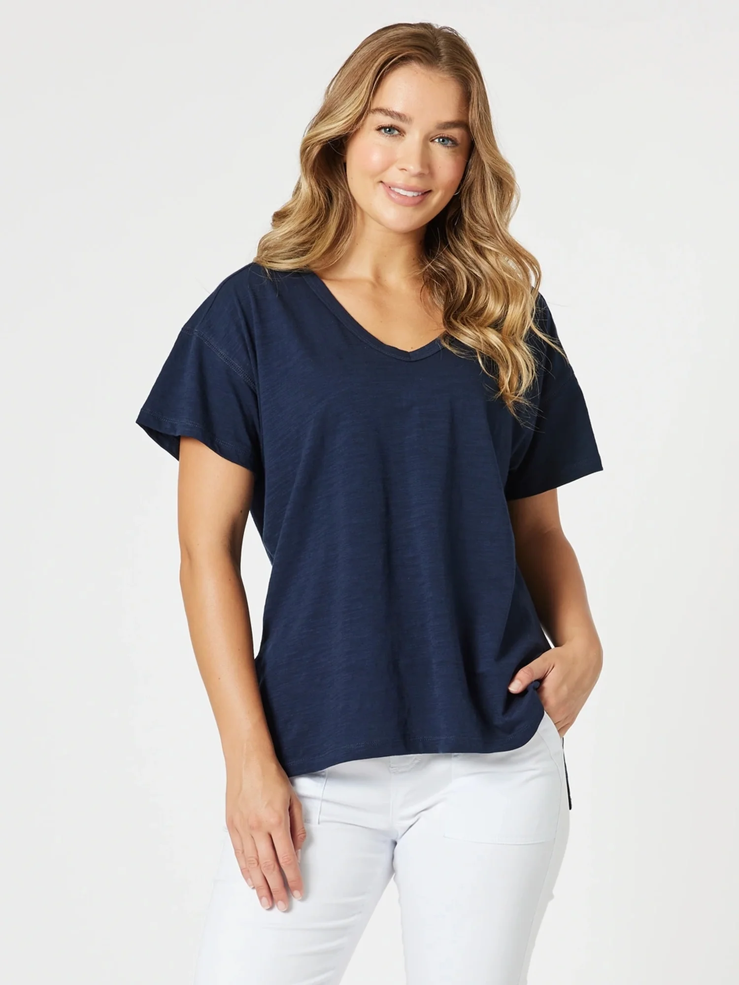 Elle V Neck Tee - Navy