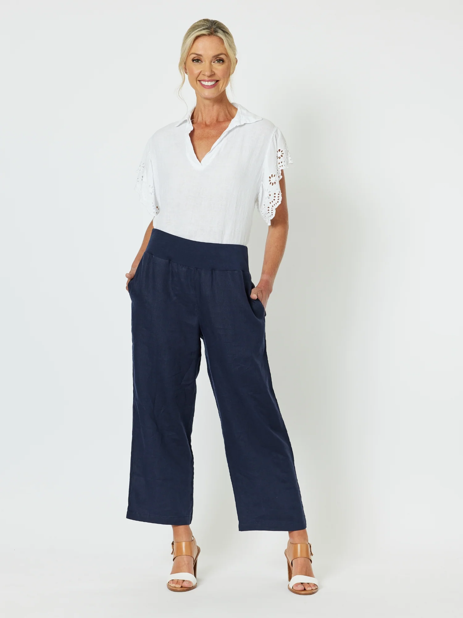 Lara Linen Wide Leg Pant - Navy