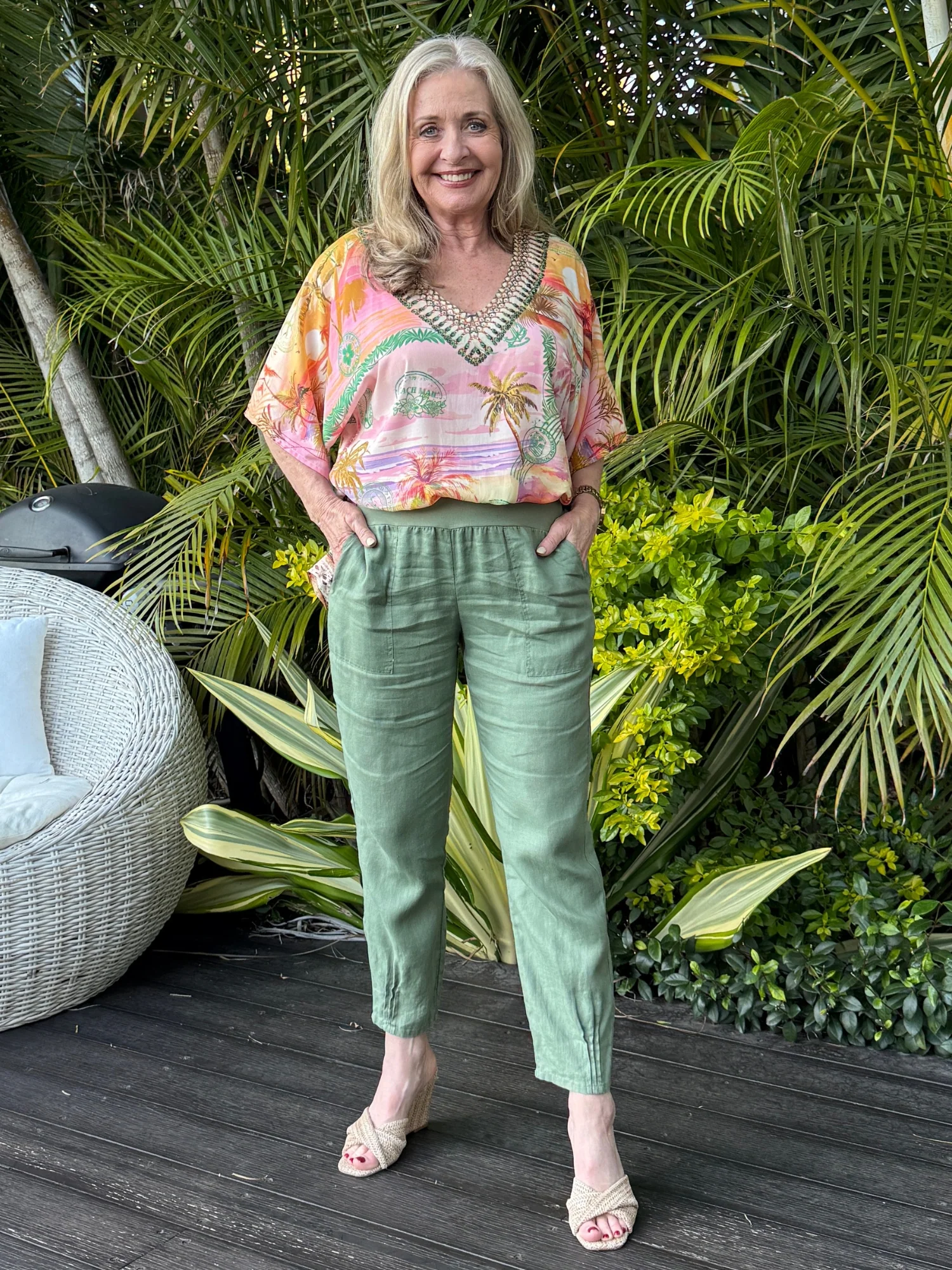 Sarah Linen Pleat Hem Pant - Khaki