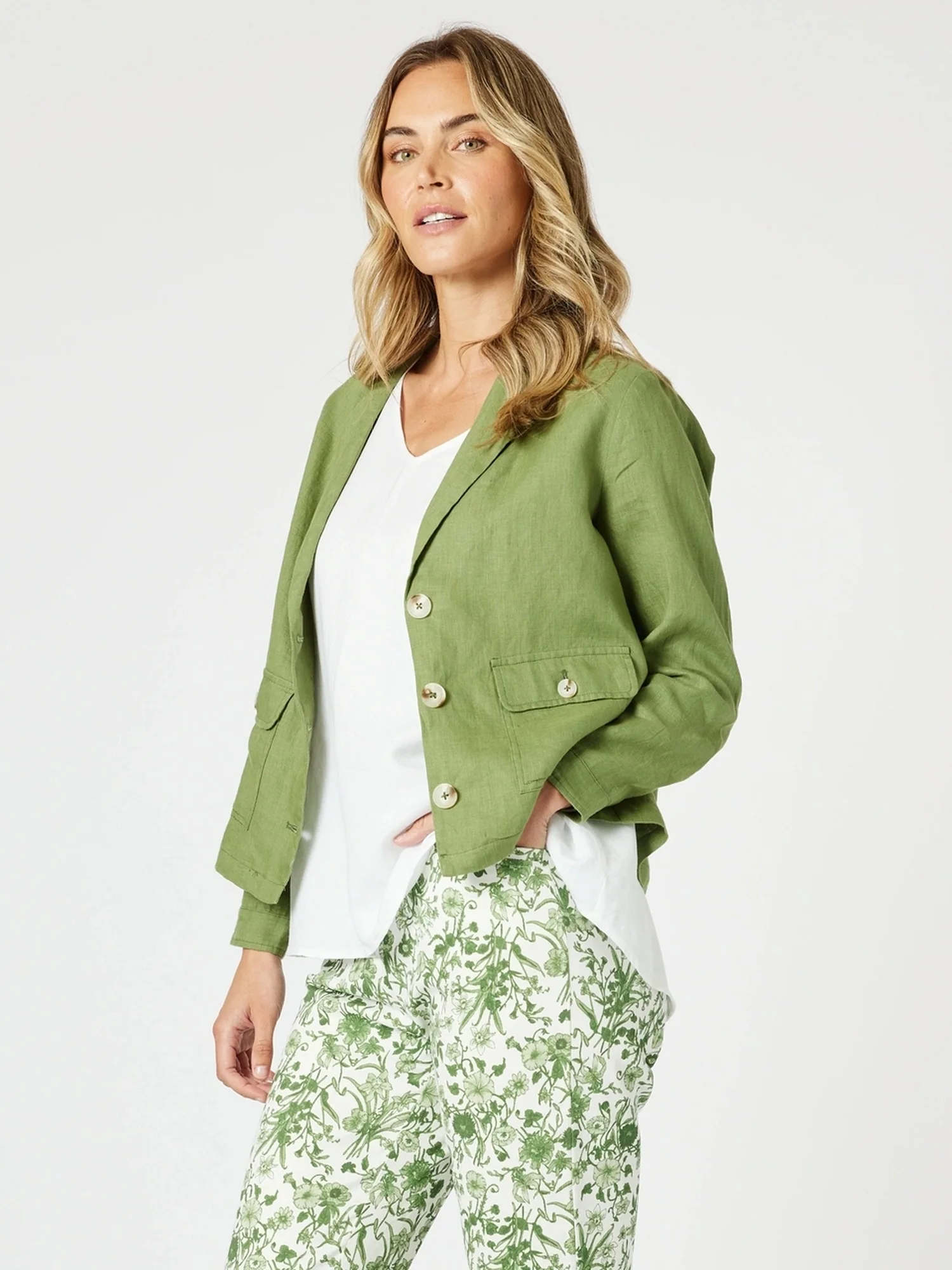 Danielle Linen Cropped Blazer - Basil