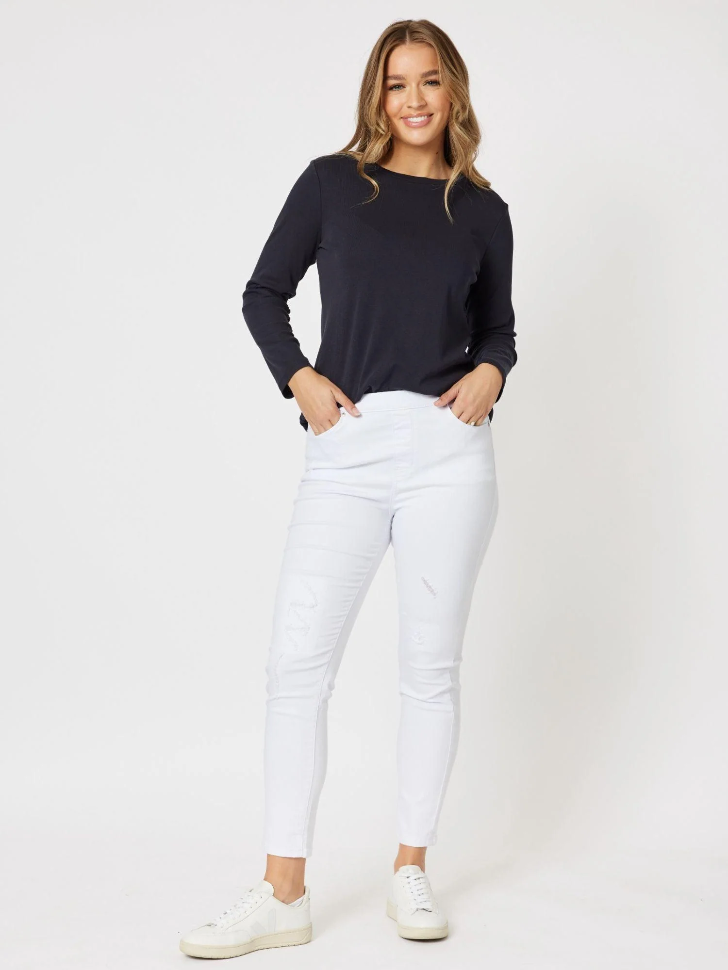 Crew Neck Cotton Rib Long Sleeve Top - Navy