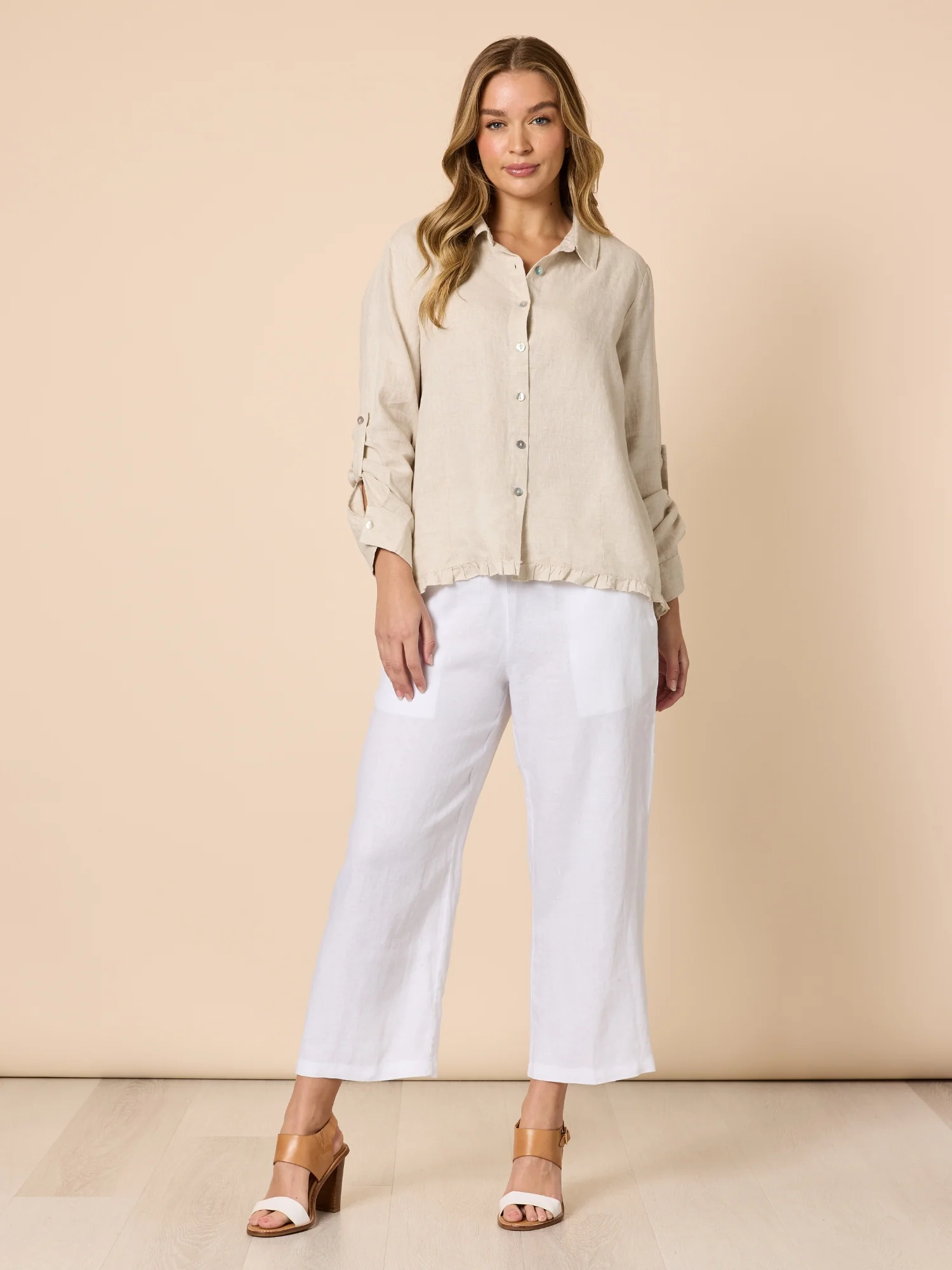 Ruffle Hem Linen Shirt - Natural